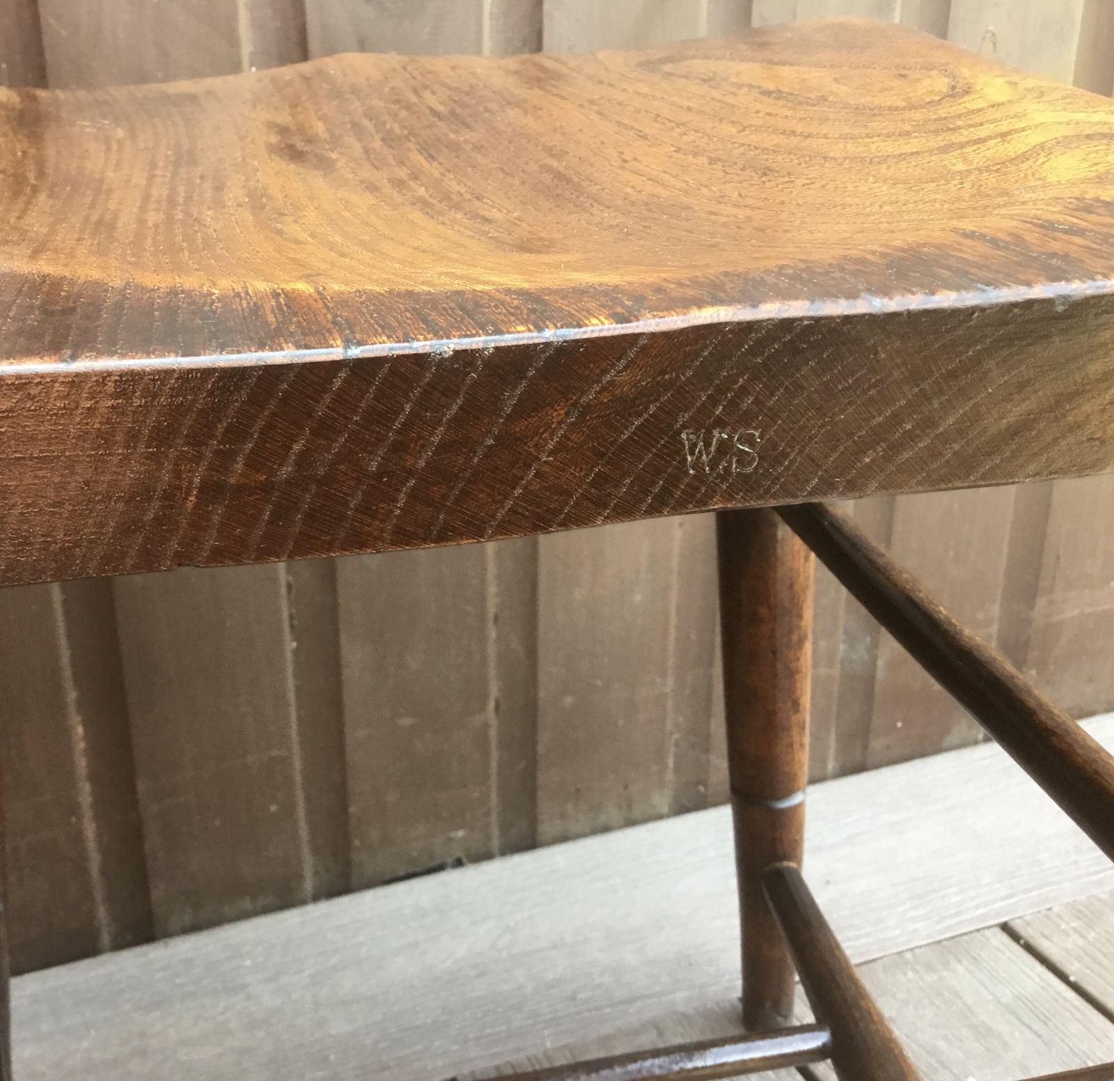 photo furniture Stamped Antique C1910 English Chapel Chair. Superb Hues Of Dark Elm And Beechwood