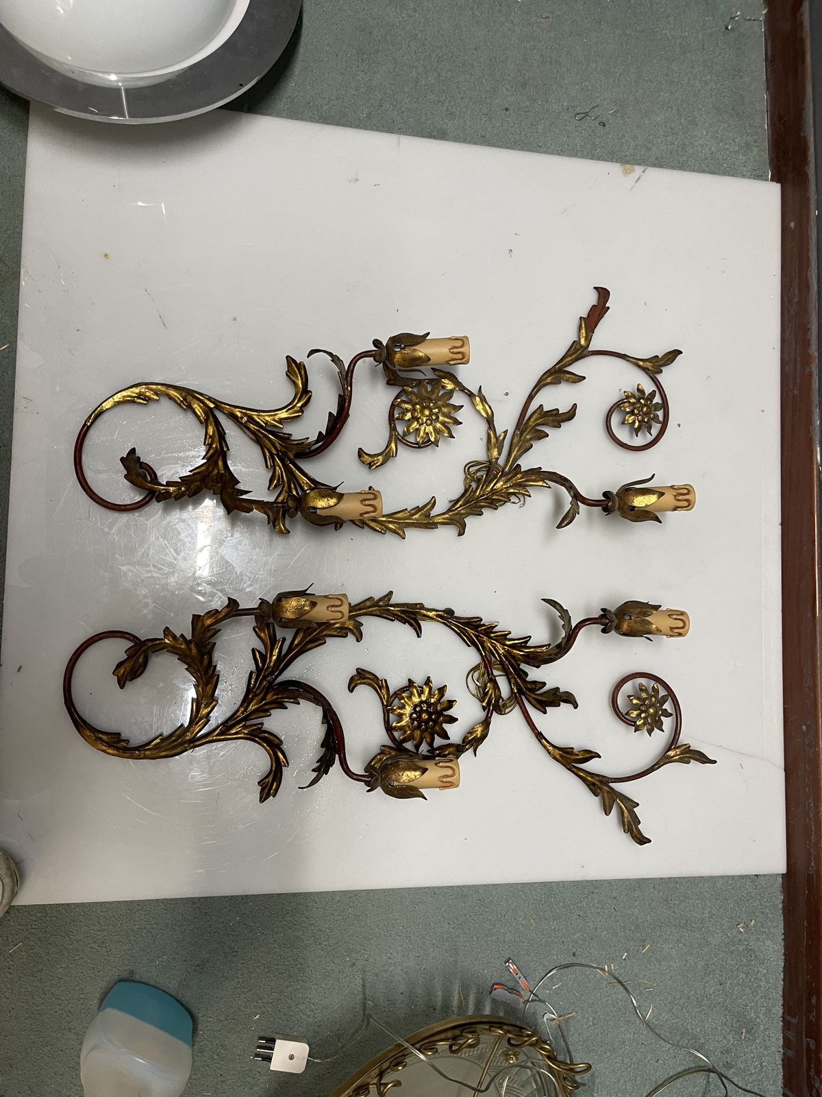 Large Italian Florentine Tole Wall Sconces In Gilt Metal, Set Of 2, 1950s photo Lighting