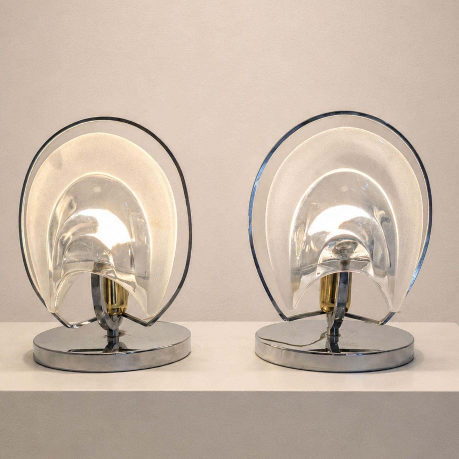 Pair Of 1970s Italian Mazzega Style Chrome And Murano Glass Table Lamps photo for sale