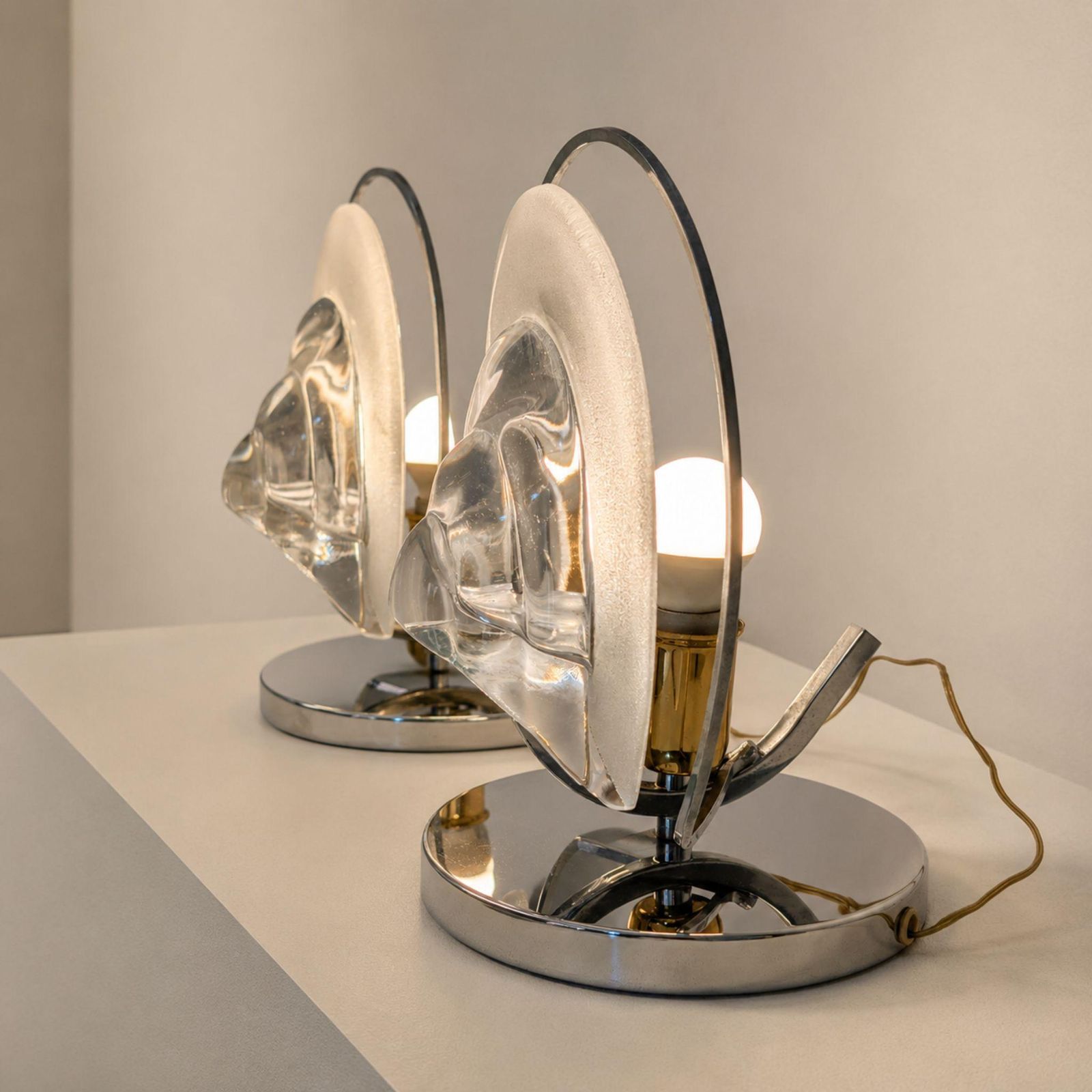 Pair Of 1970s Italian Mazzega Style Chrome And Murano Glass Table Lamps photo vintage