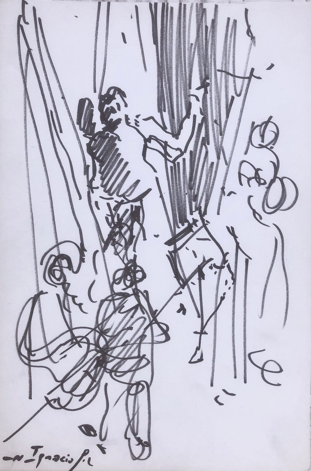 Ignacio Gil Sala – Spaans expressionistisch markeringtekening met balletdansers en theaterscène, ca. 1985