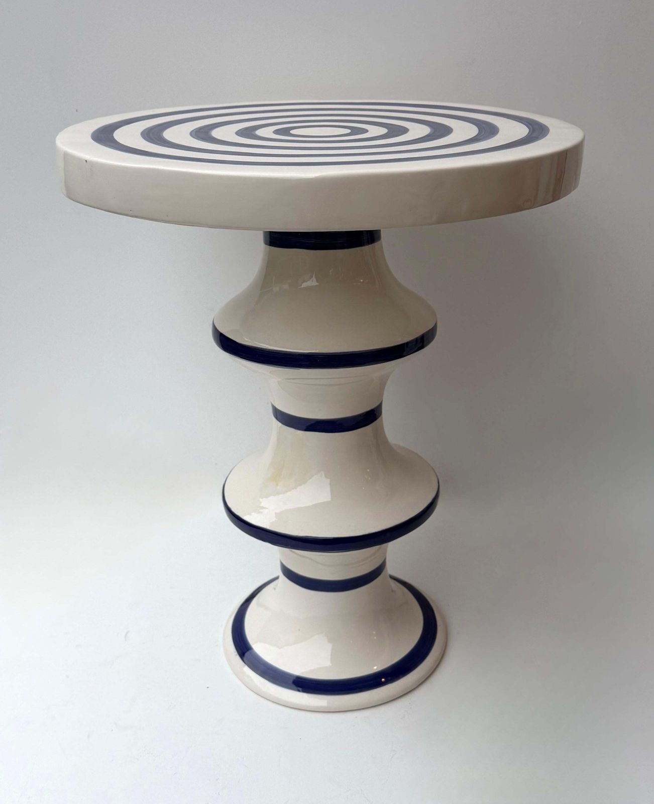 Contemporary Pair Of Blue And White Ceramic Stripe Side Tables. Italy photo for sale