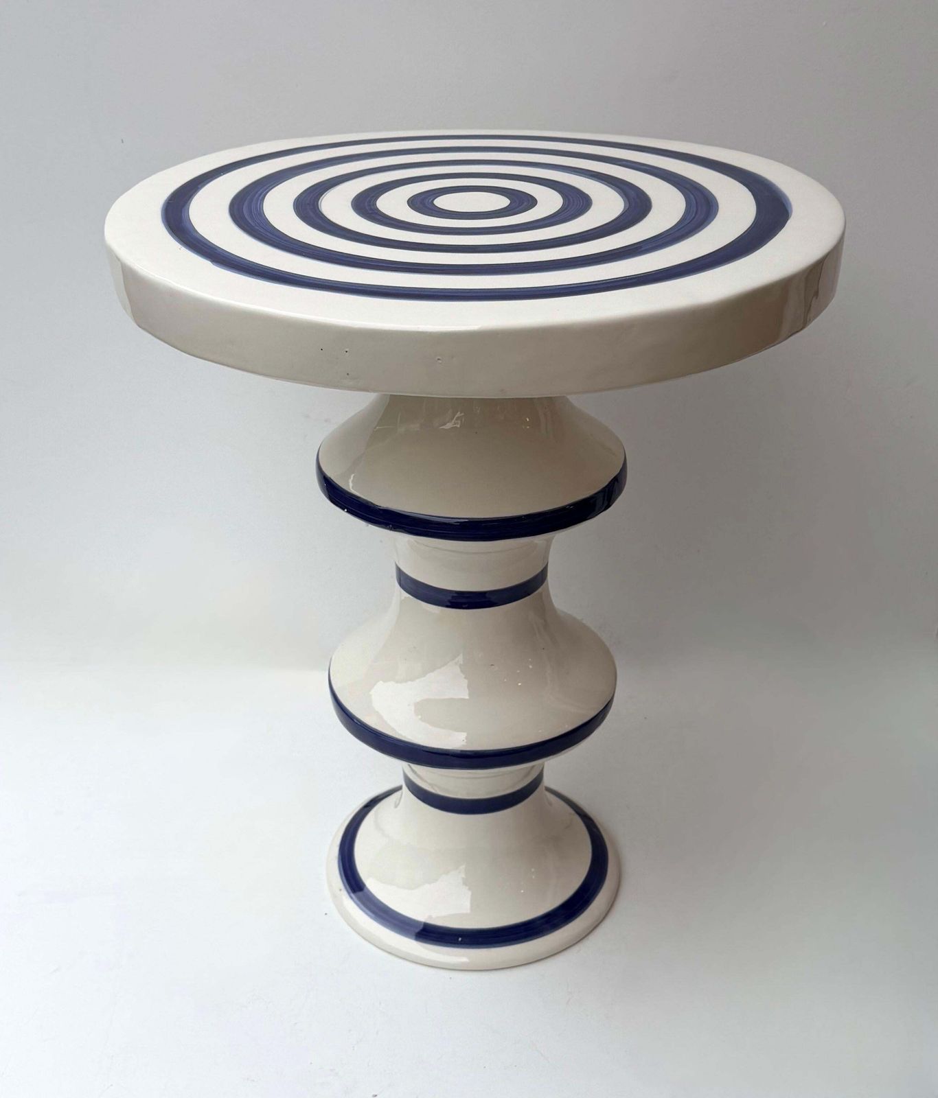 Contemporary Pair Of Blue And White Ceramic Stripe Side Tables. Italy photo 3887.0