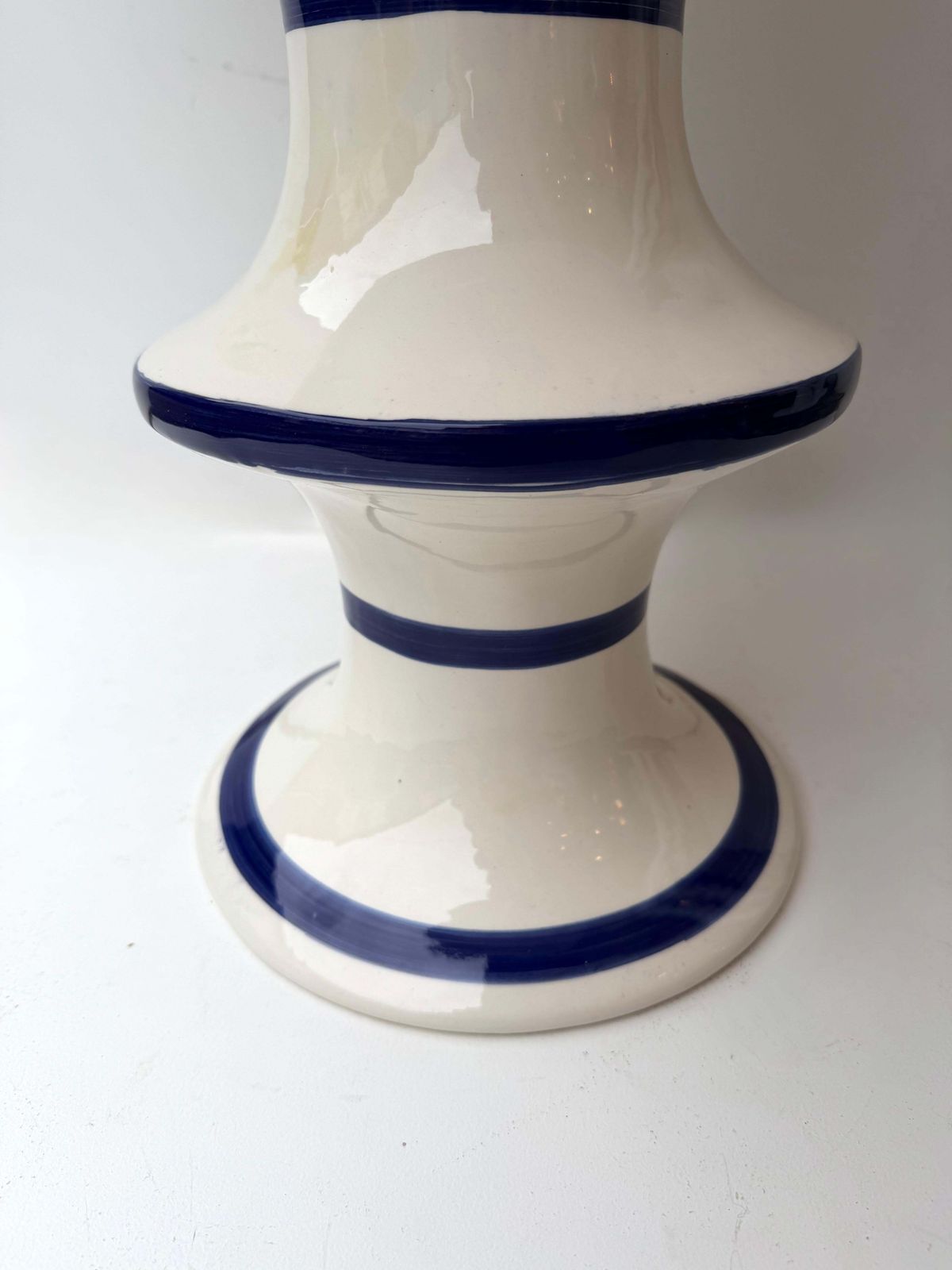 photo for sale Contemporary Pair Of Blue And White Ceramic Stripe Side Tables. Italy