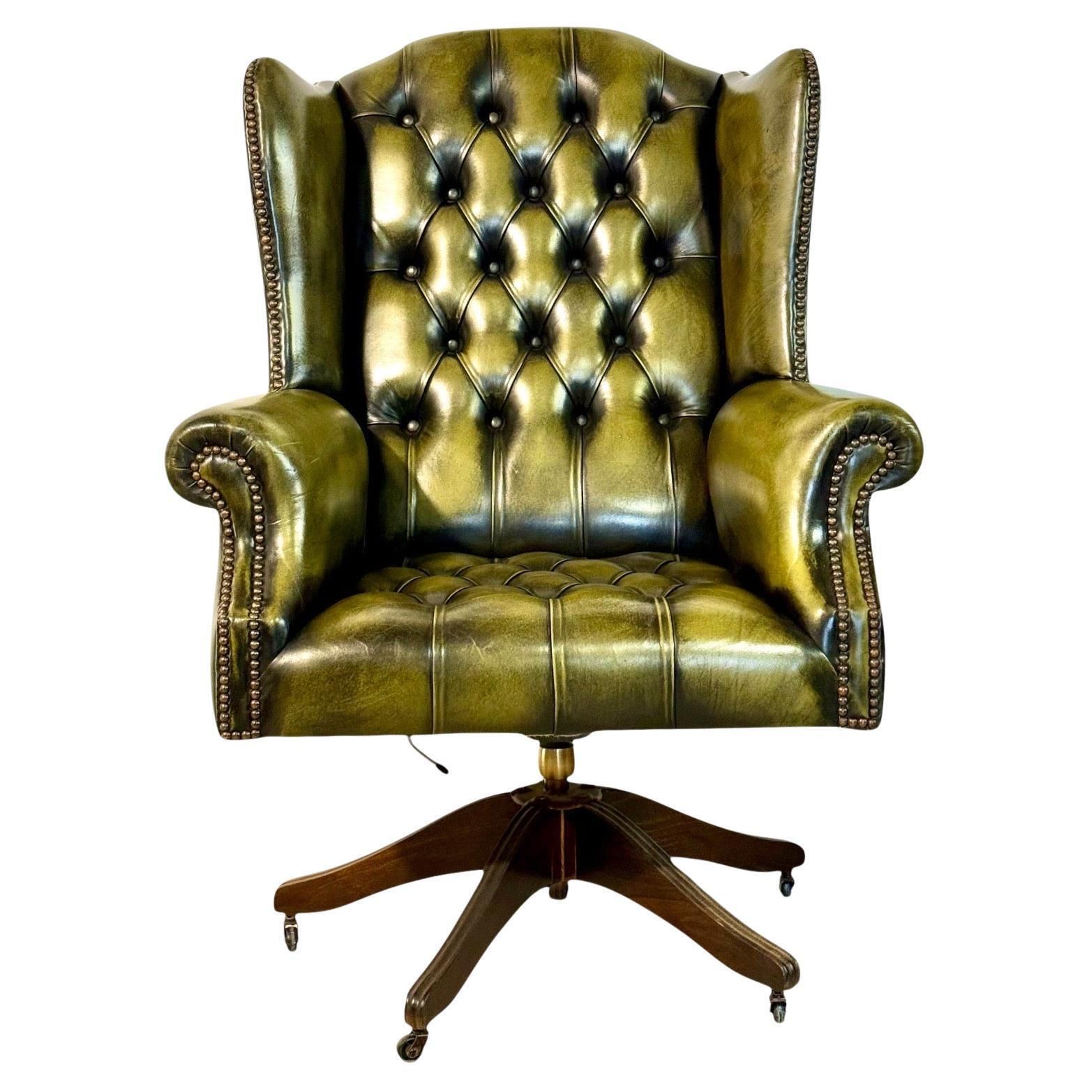 Vintage Chesterfield Style Green Leather Swivel Desk Chair