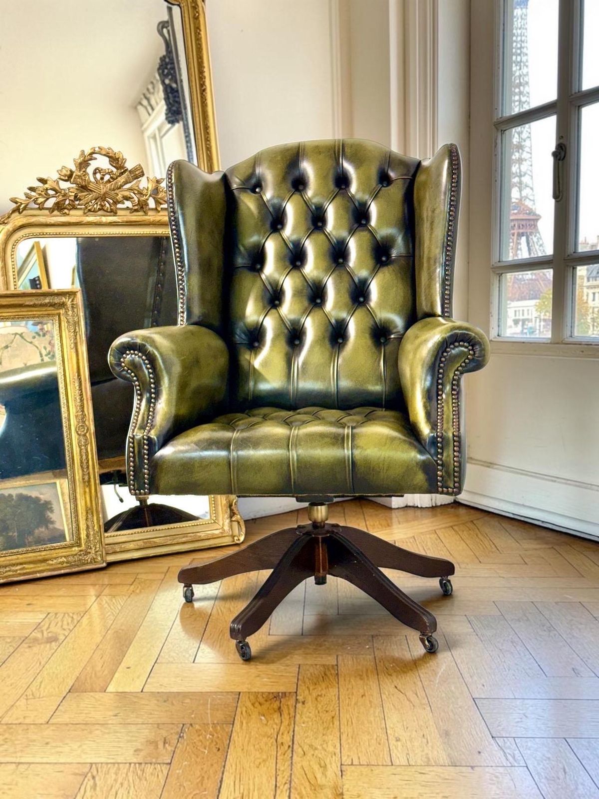 Vintage Chesterfield Style Green Leather Swivel Desk Chair photo furniture