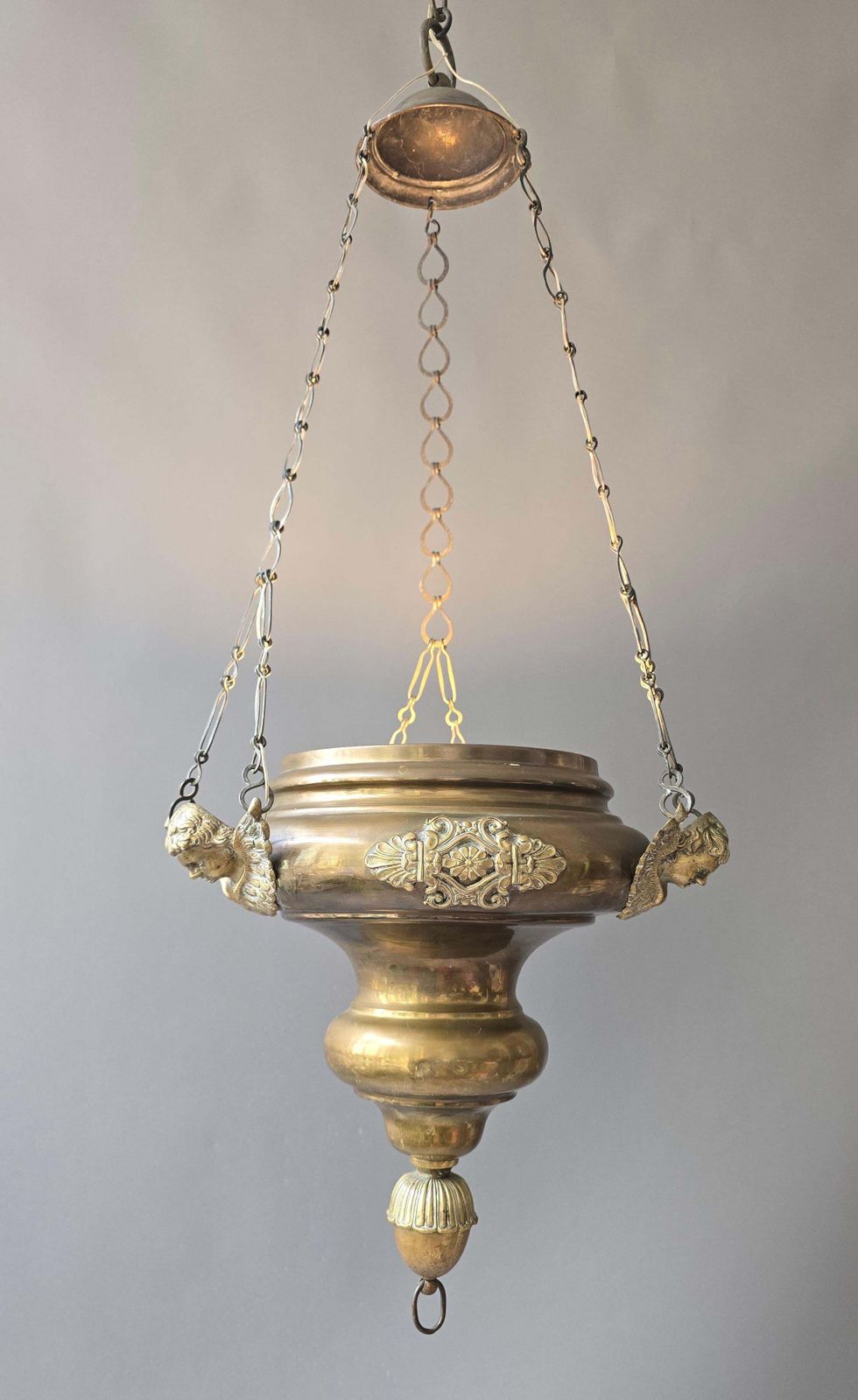 Antique Brass Hanging Sanctuary Lamp With Cherub Details, Early 20th Century photo 1542.0