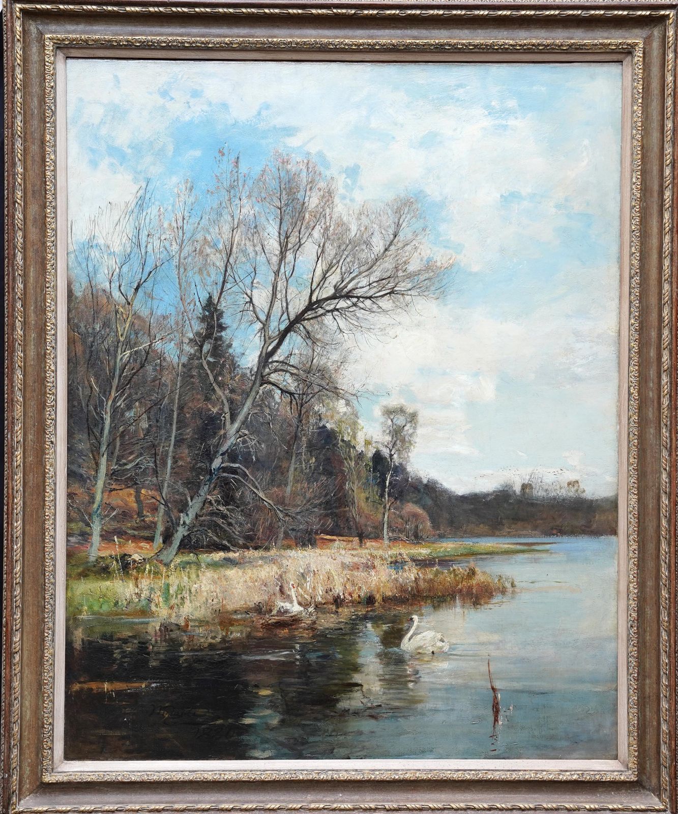 Swans Nest Landscape   British Victorian Impressionist Art Exhib Oil Painting