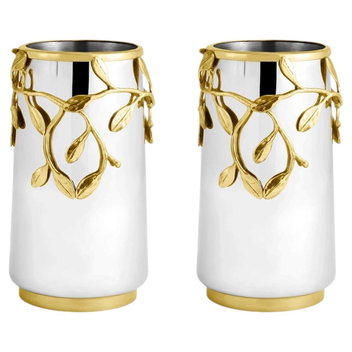 Pair Of Contemporary Silver And Gold Metal Laurel Vase