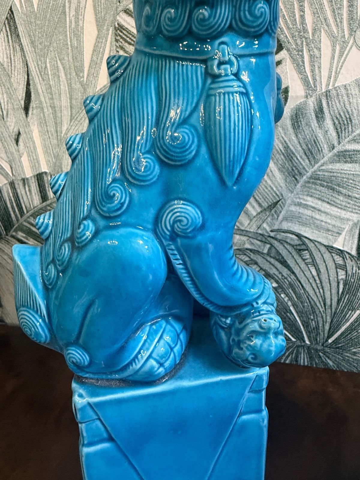 photo for sale Pair Of Chinese Porcelain Sculptures Fo Dogs Mid Century Turquoise Color