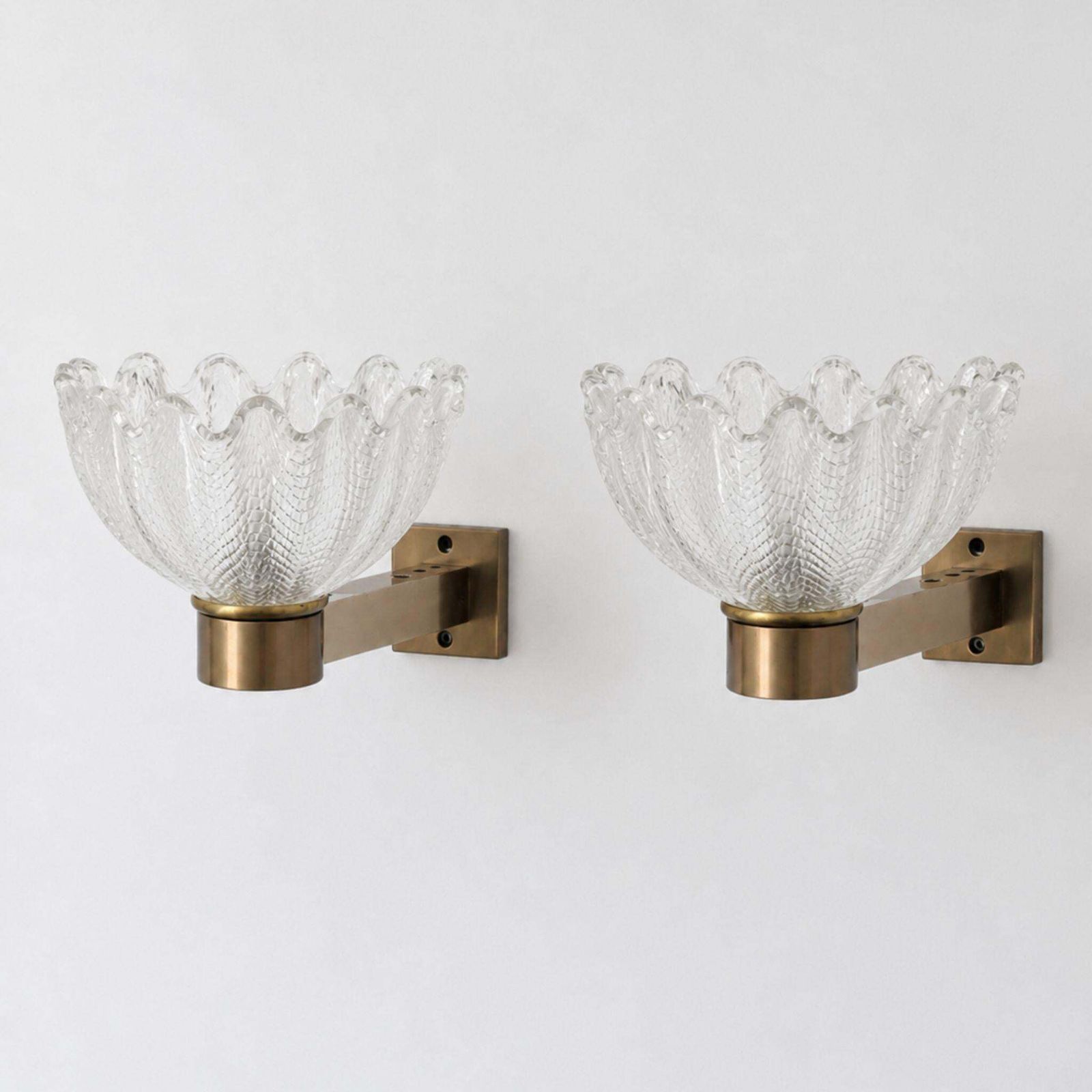 Pair Of 1950s Barovier & Toso Style Murano Glass And Satin Brass Wall Sconces photo Lighting
