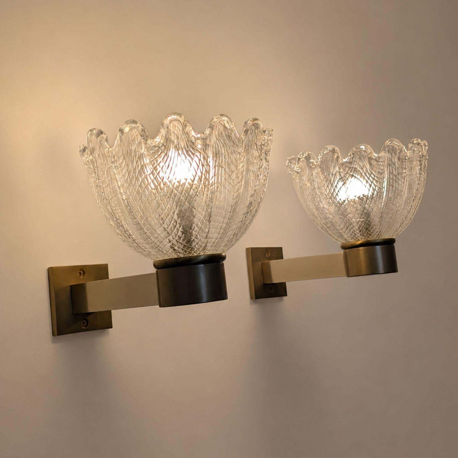 Pair Of 1950s Barovier & Toso Style Murano Glass And Satin Brass Wall Sconces photo vinterior