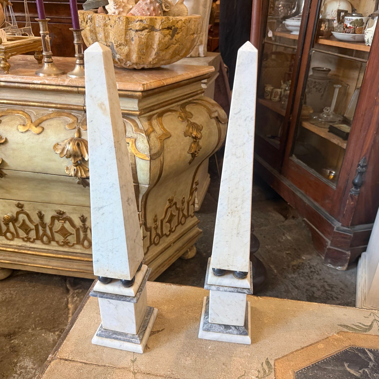photo for sale A Pair Of Art Deco White Carrara Marble And Black Marble Italian Obelisks
