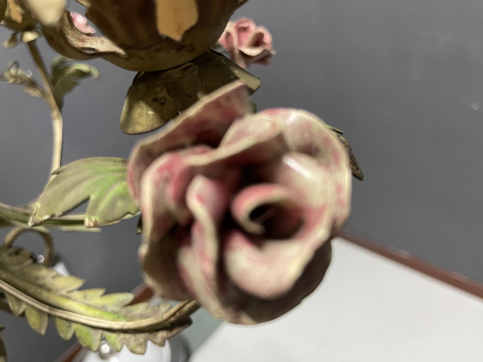 photo for sale Italian Florentine Iron  And Ceramic Flower Chandelier, 1950s