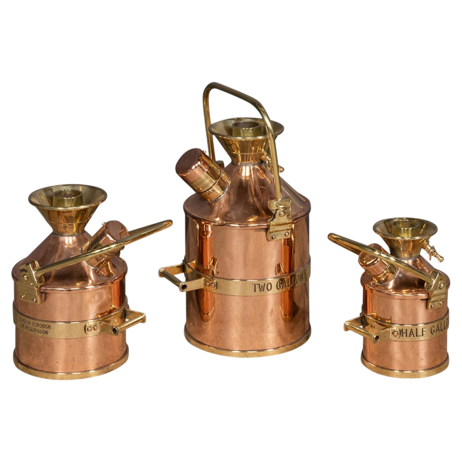 Vintage 20thc English Set Of Three Polished Checkpump Petrol Canisters C.1965