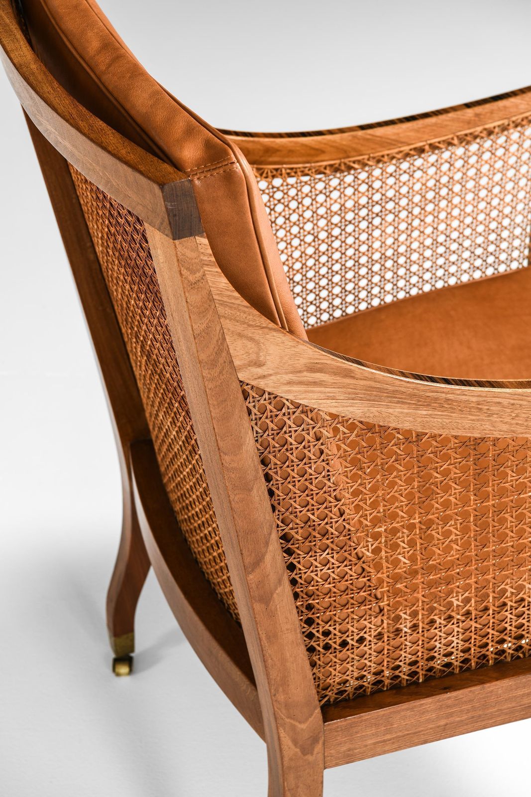 Furniture Pair Of Bergère Armchairs In Cane, Leather & Mahogany By Kaare Klint, 1931 photo