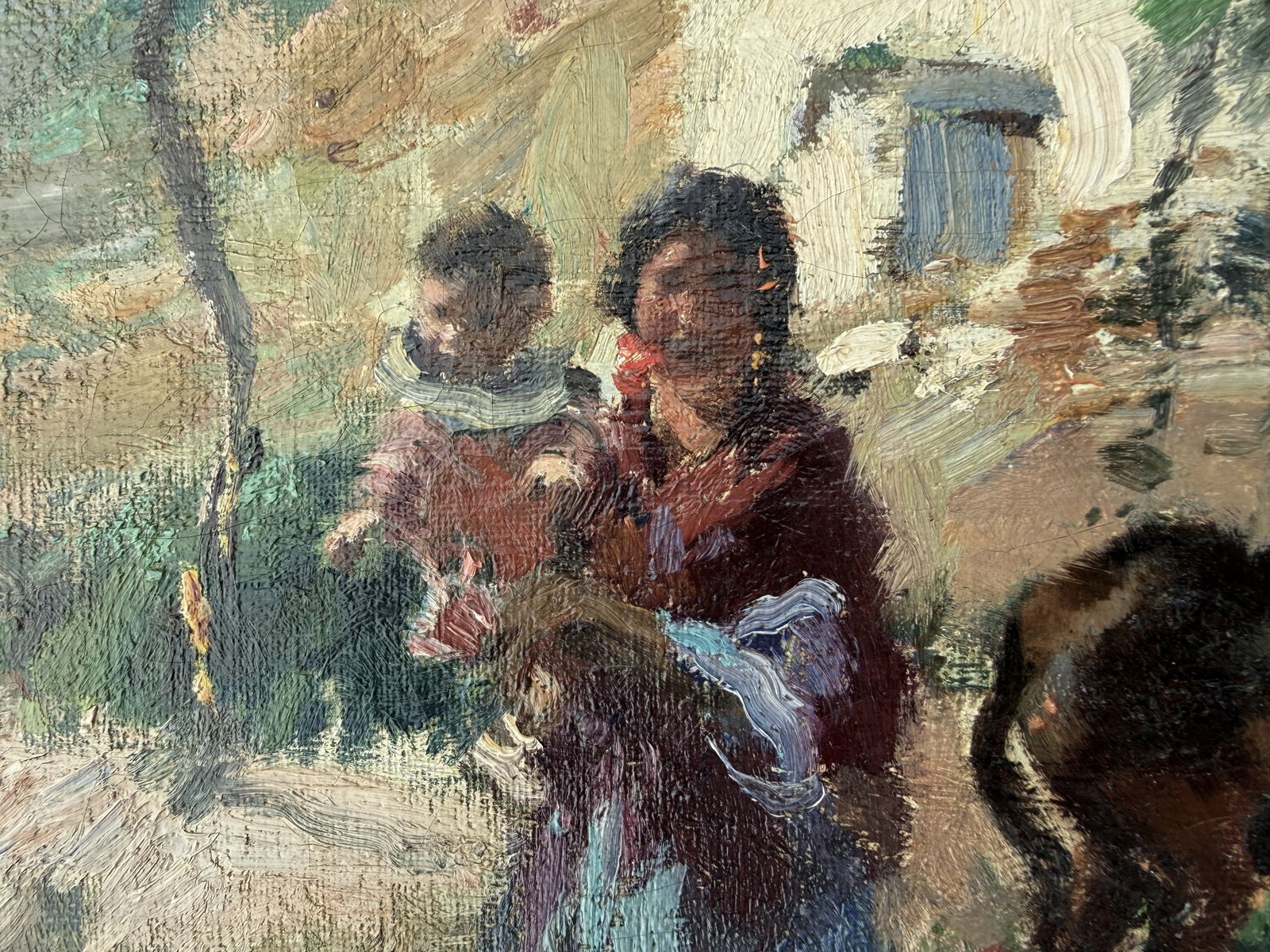 Ignacio Gil Sala – Mediterraan wit dorp met moeder, kind, ezel en kippen – olieverfschilderij, ca. jaren 1950 photo 2600.0