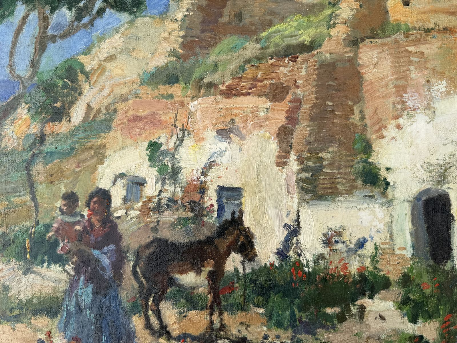 Ignacio Gil Sala, Village méditerranéen blanc avec mère, enfant, âne et poules, peinture à l'huile, années 1950 photo buy