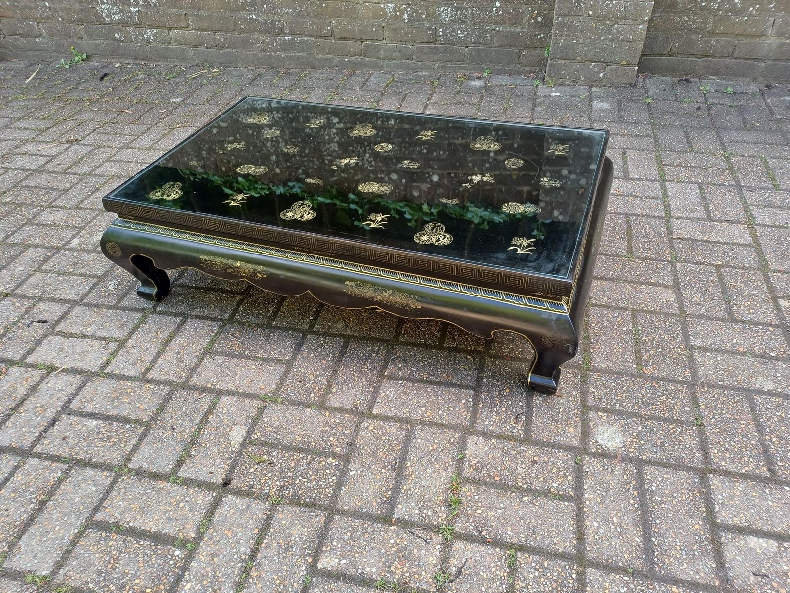 Vintage Chinoiserie Lacquer Coffee Table Oriental Black Gold Low Table Asian Glass Top Free Hand Delivery