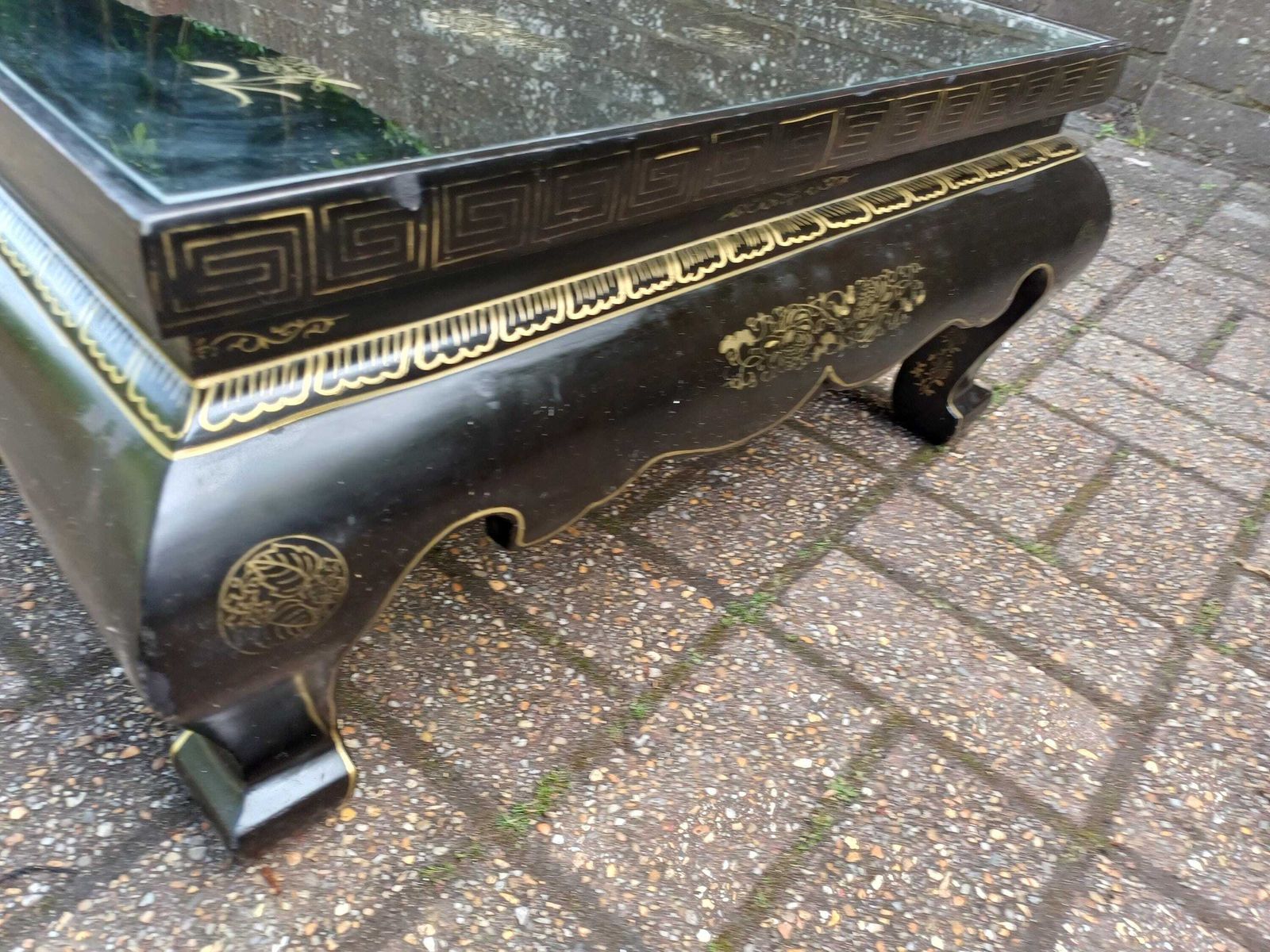Vintage Chinoiserie Lacquer Coffee Table Oriental Black Gold Low Table Asian Glass Top Free Hand Delivery photo for sale
