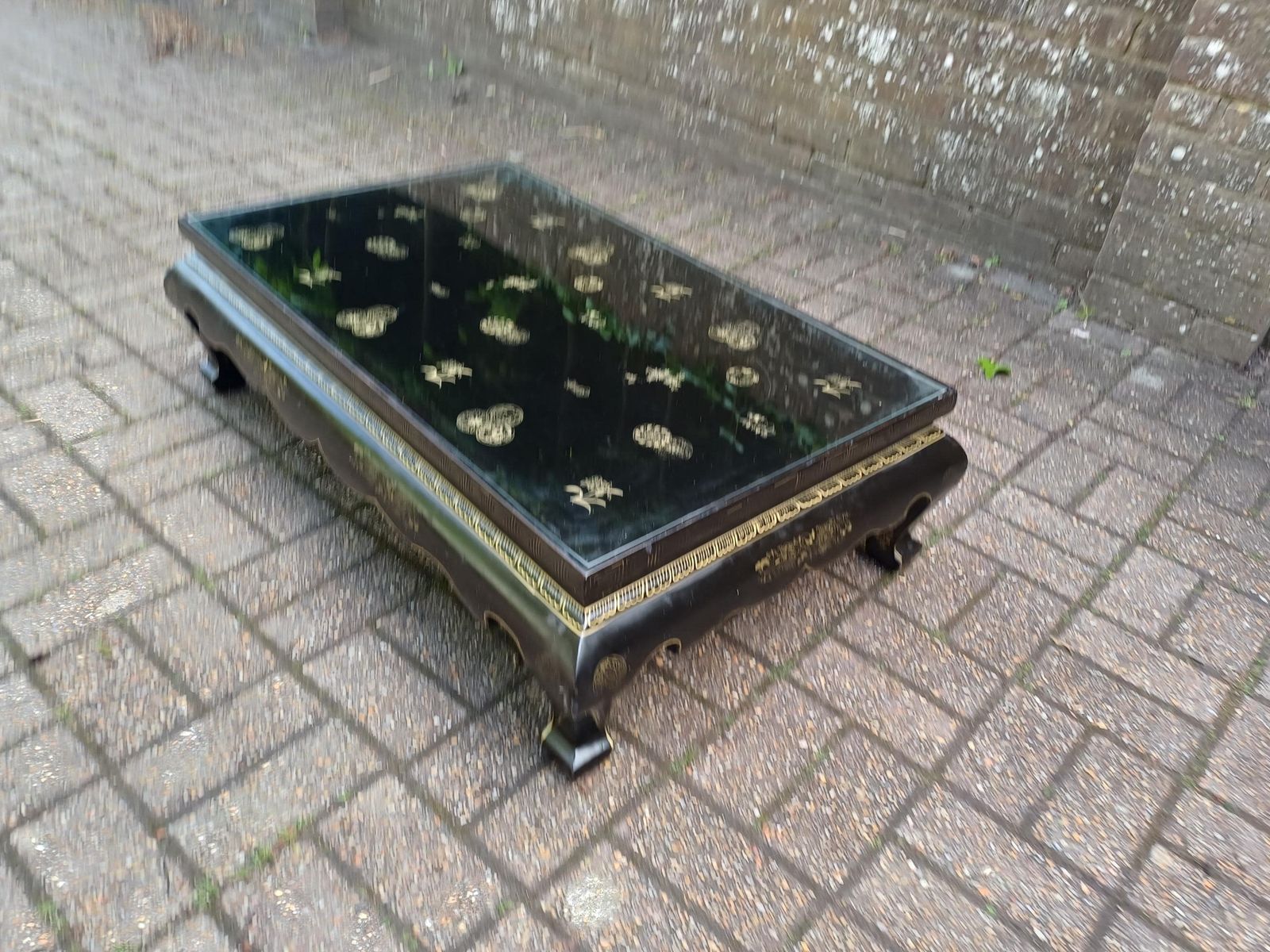 Vintage Chinoiserie Lacquer Coffee Table Oriental Black Gold Low Table Asian Glass Top Free Hand Delivery photo Furniture