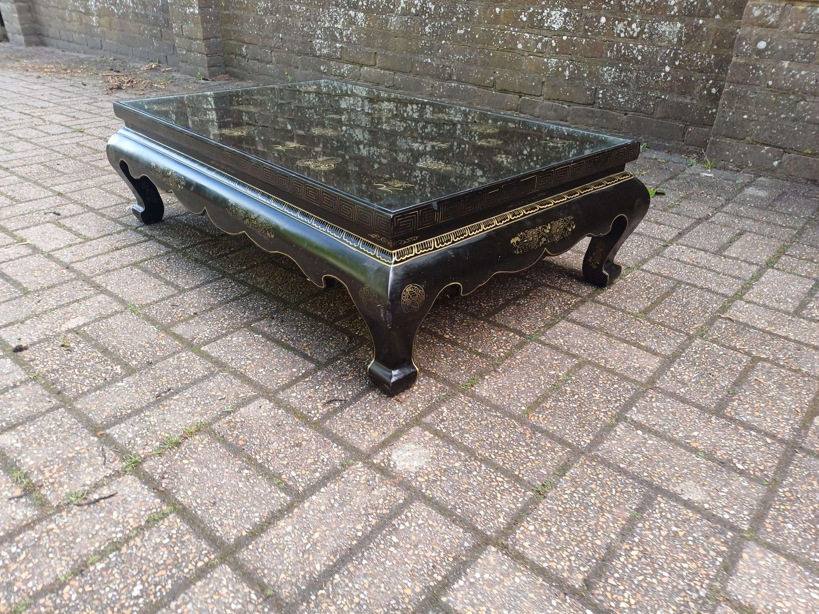Vintage Chinoiserie Lacquer Coffee Table Oriental Black Gold Low Table Asian Glass Top Free Hand Delivery photo vintage