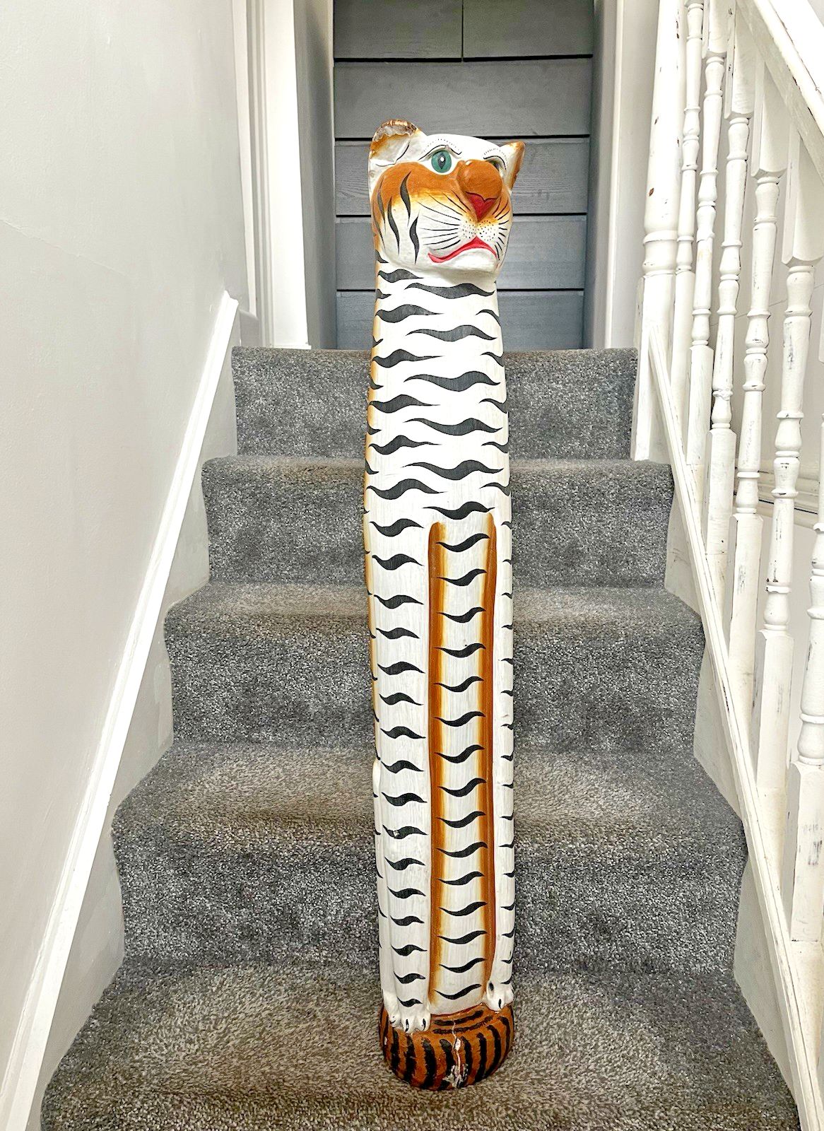 37" Vintage 60s Balinese Hand Carved Wooden Folk Art Tiger Entrance Guard Figure