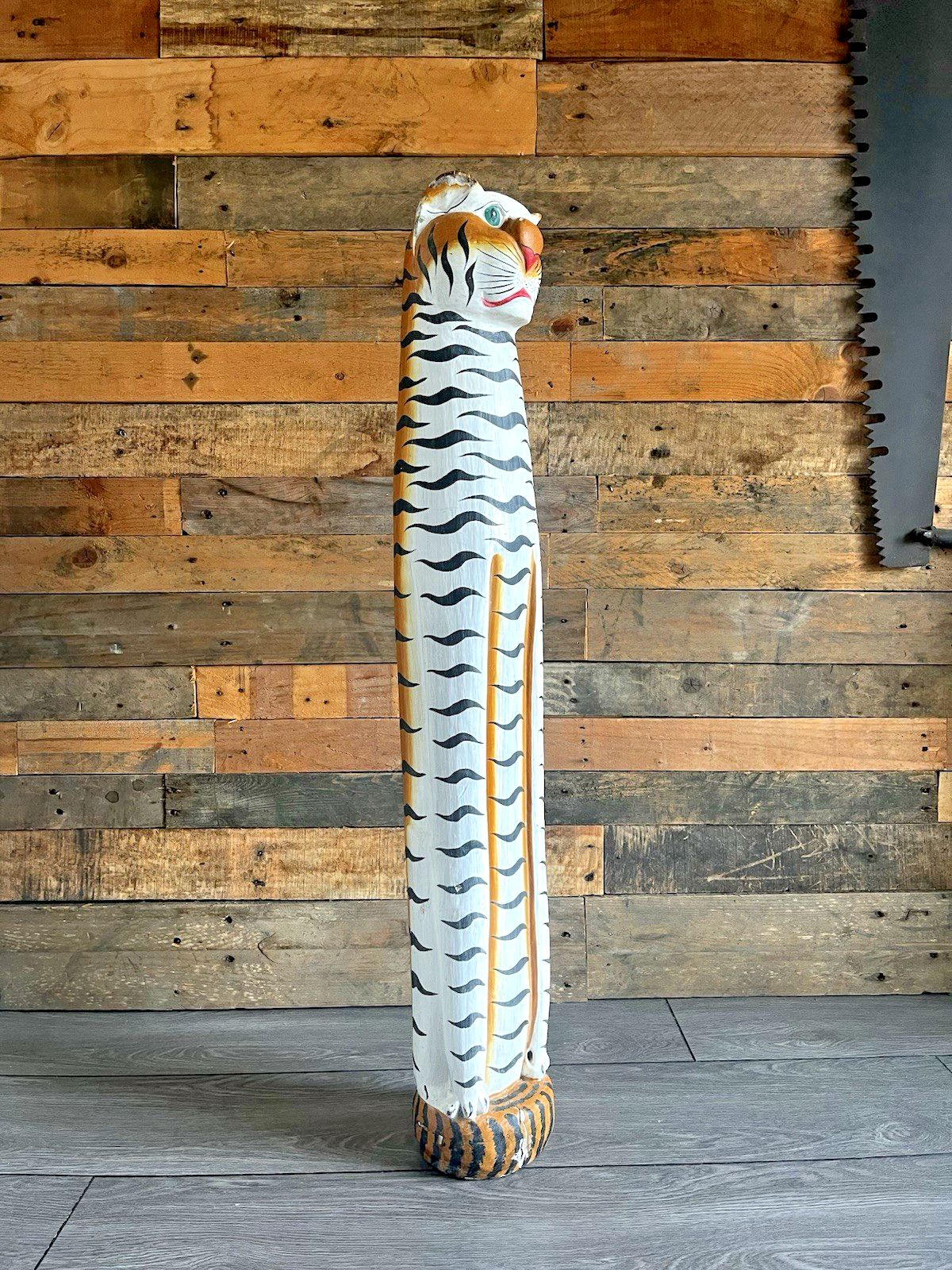 37" Vintage 60s Balinese Hand Carved Wooden Folk Art Tiger Entrance Guard Figure photo 139.0