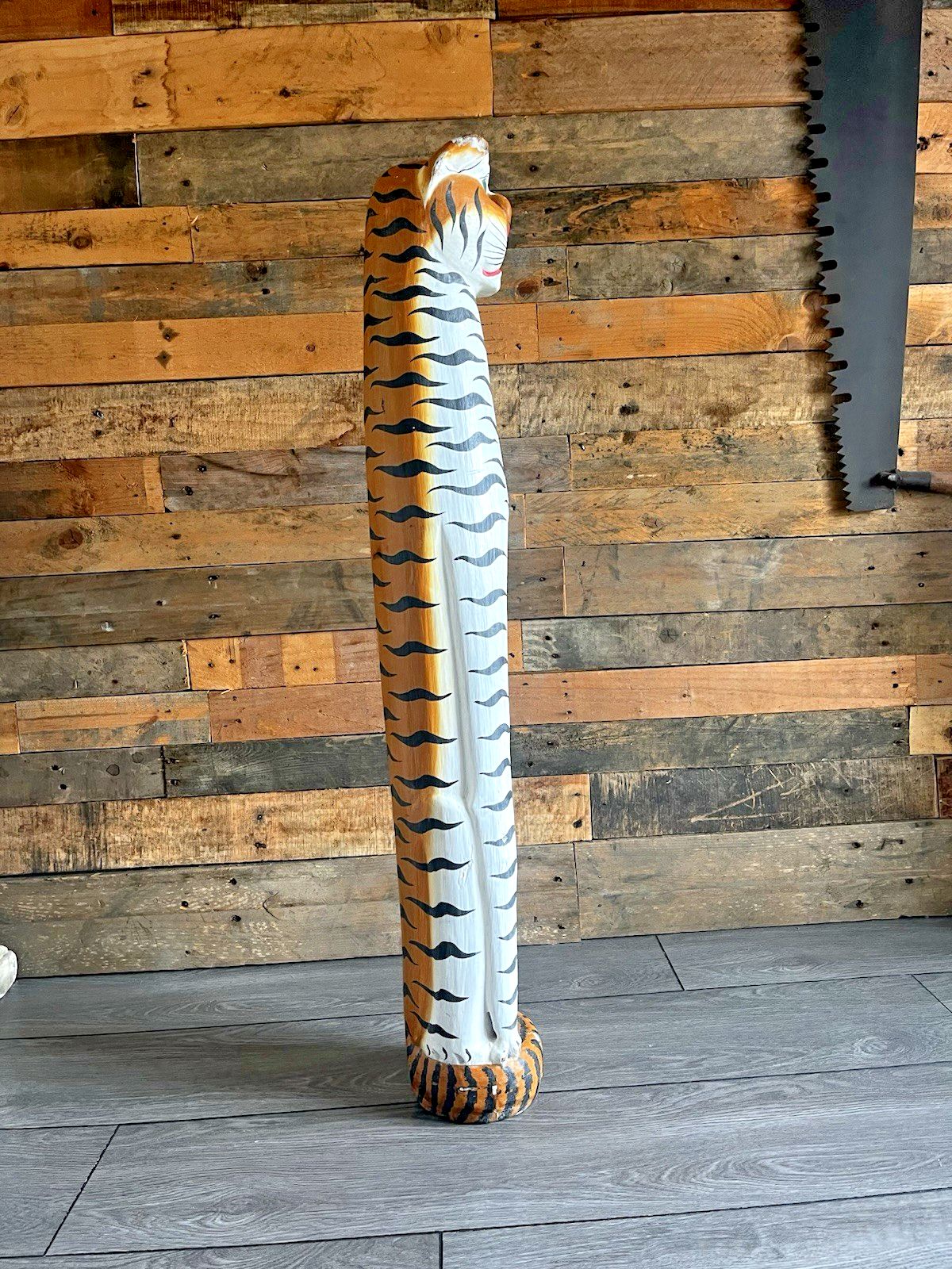 37" Vintage 60s Balinese Hand Carved Wooden Folk Art Tiger Entrance Guard Figure photo vinterior