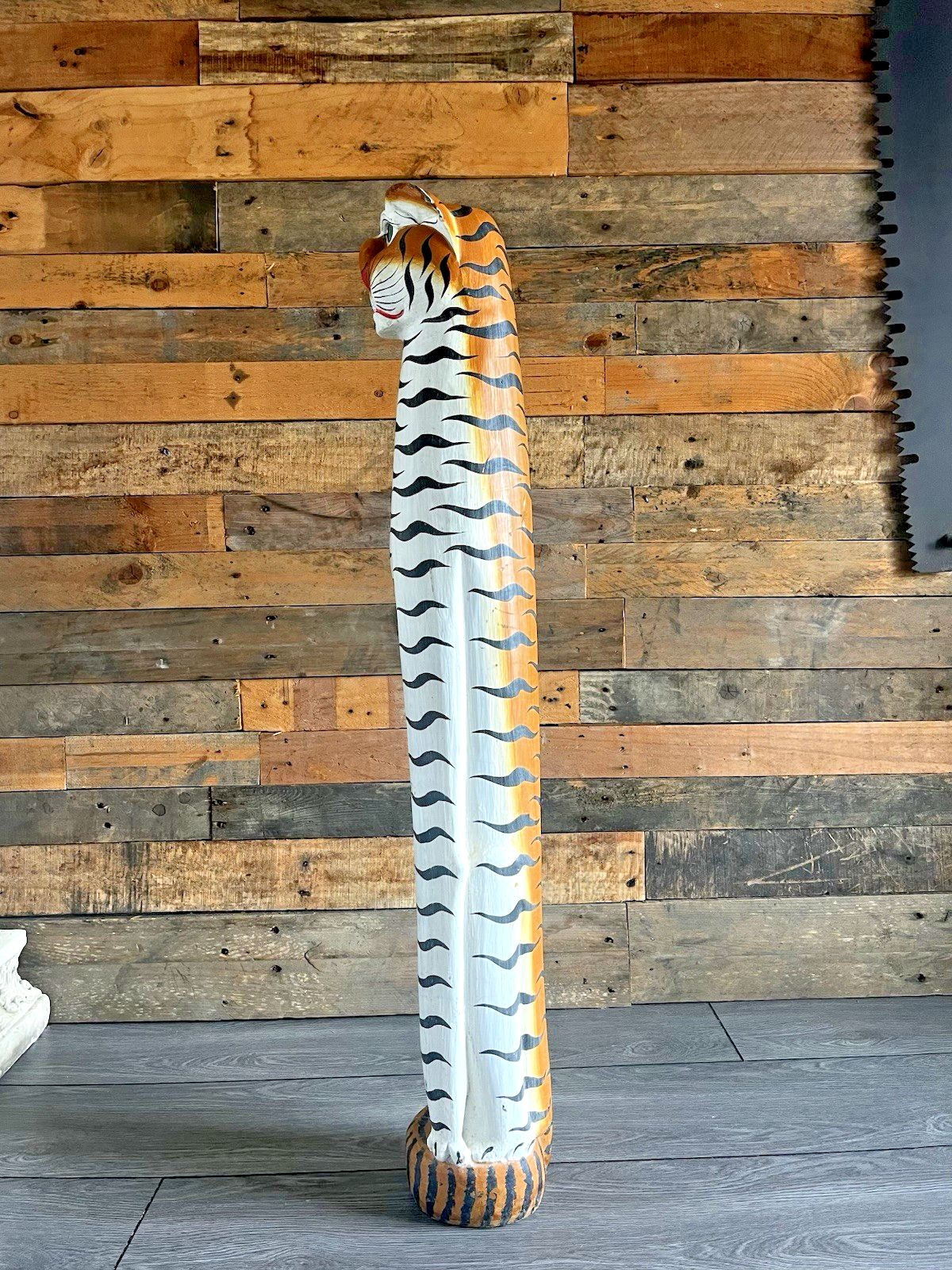 139.0 37" Vintage 60s Balinese Hand Carved Wooden Folk Art Tiger Entrance Guard Figure photo