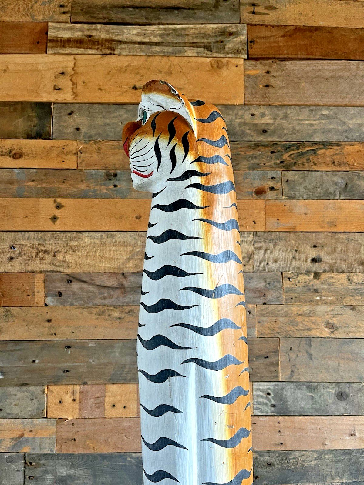 photo buy 37" Vintage 60s Balinese Hand Carved Wooden Folk Art Tiger Entrance Guard Figure