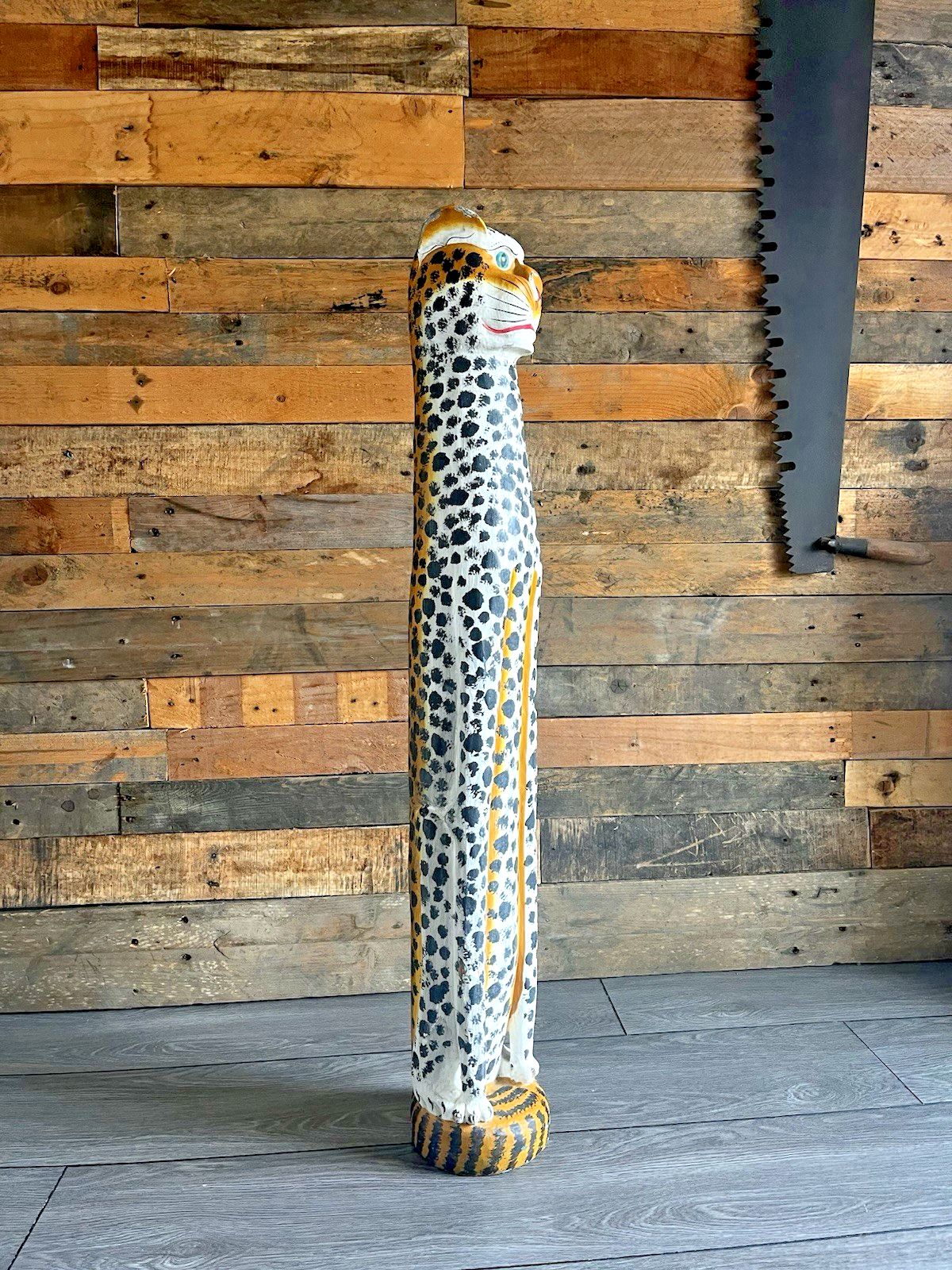 37" Vintage Balinese Hand Carved Wooden Folk Art Leopard Entrance Guard Figure photo 150.0