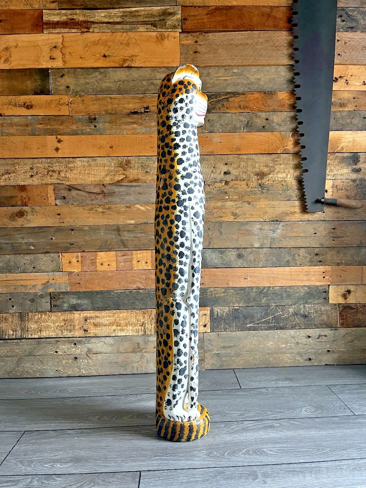 37" Vintage Balinese Hand Carved Wooden Folk Art Leopard Entrance Guard Figure photo vinterior