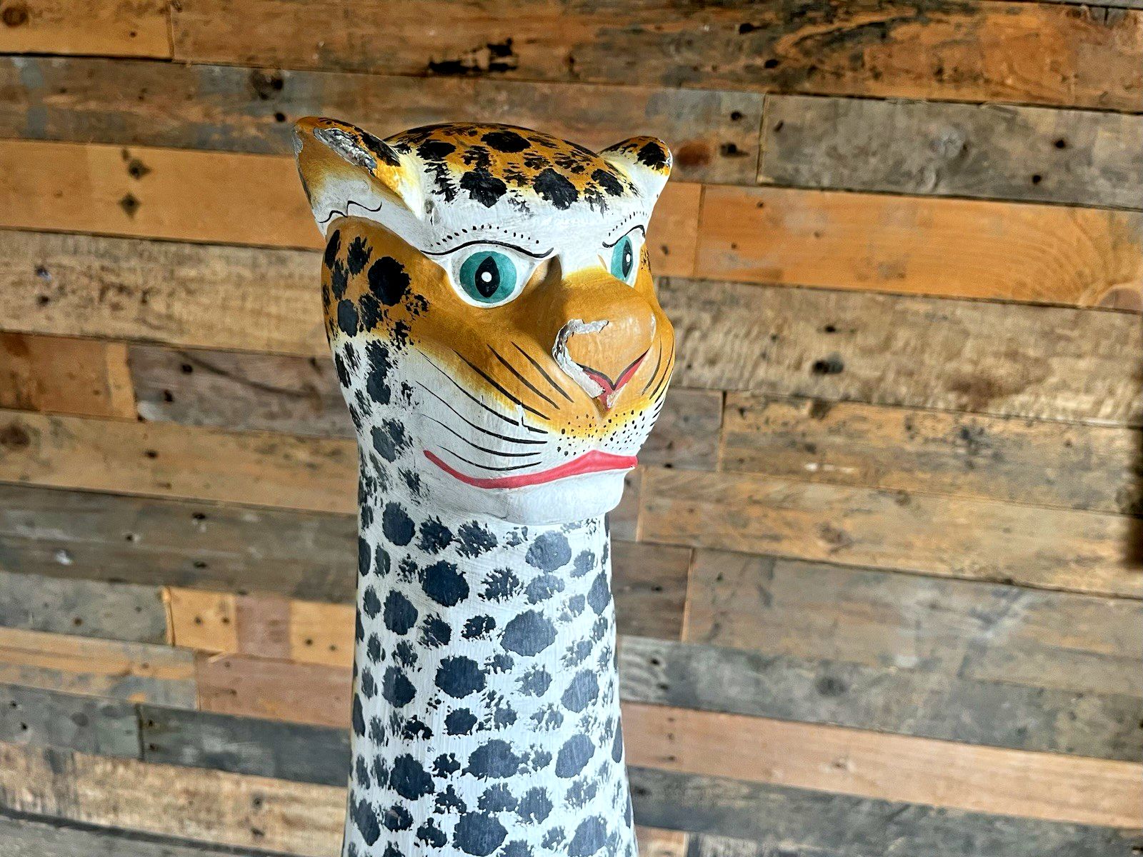 photo vintage 37" Vintage Balinese Hand Carved Wooden Folk Art Leopard Entrance Guard Figure