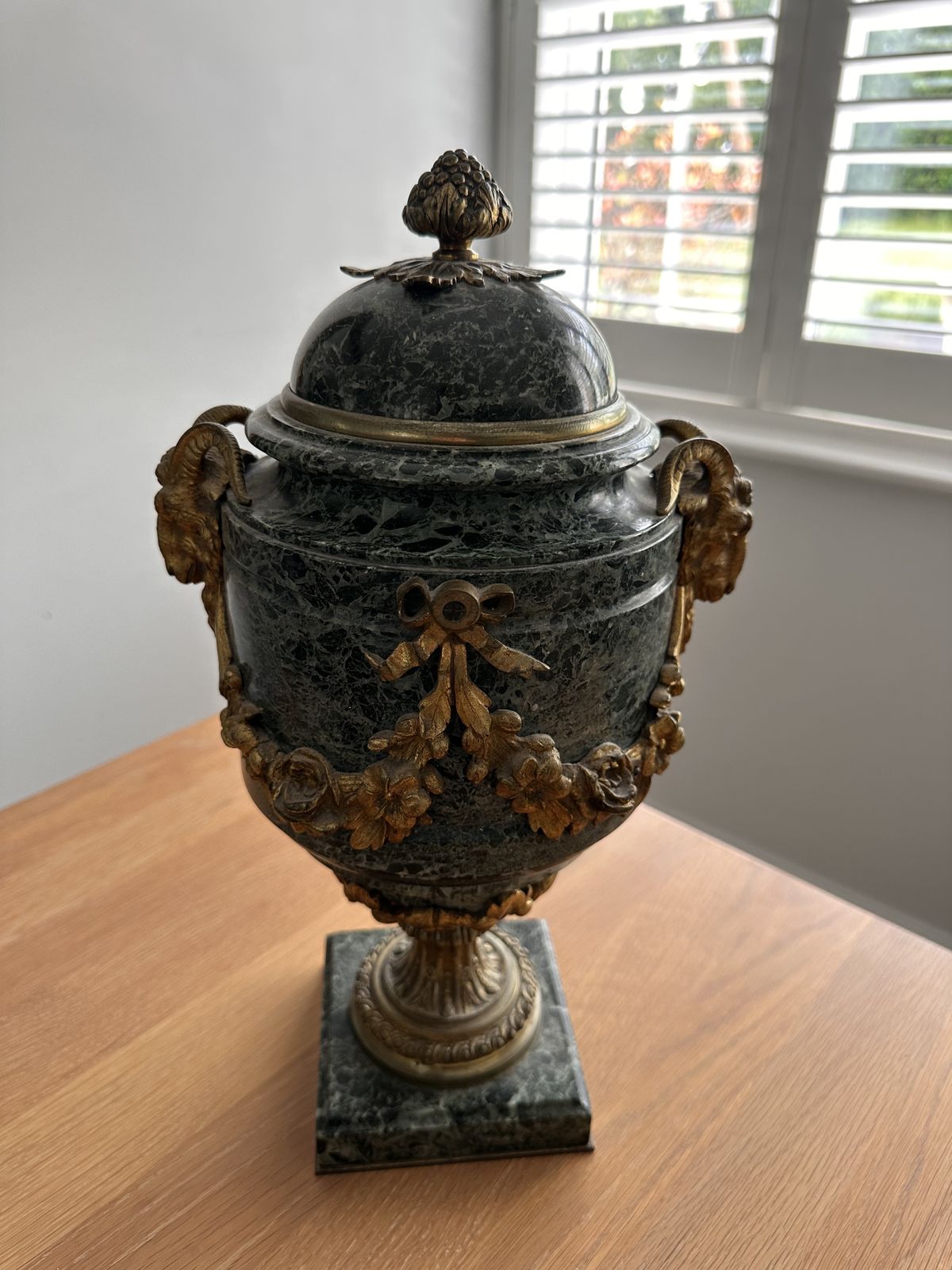 Pair Of French Gilt Bronze Mounted Verde Antico Marble Urns And Covers photo for sale