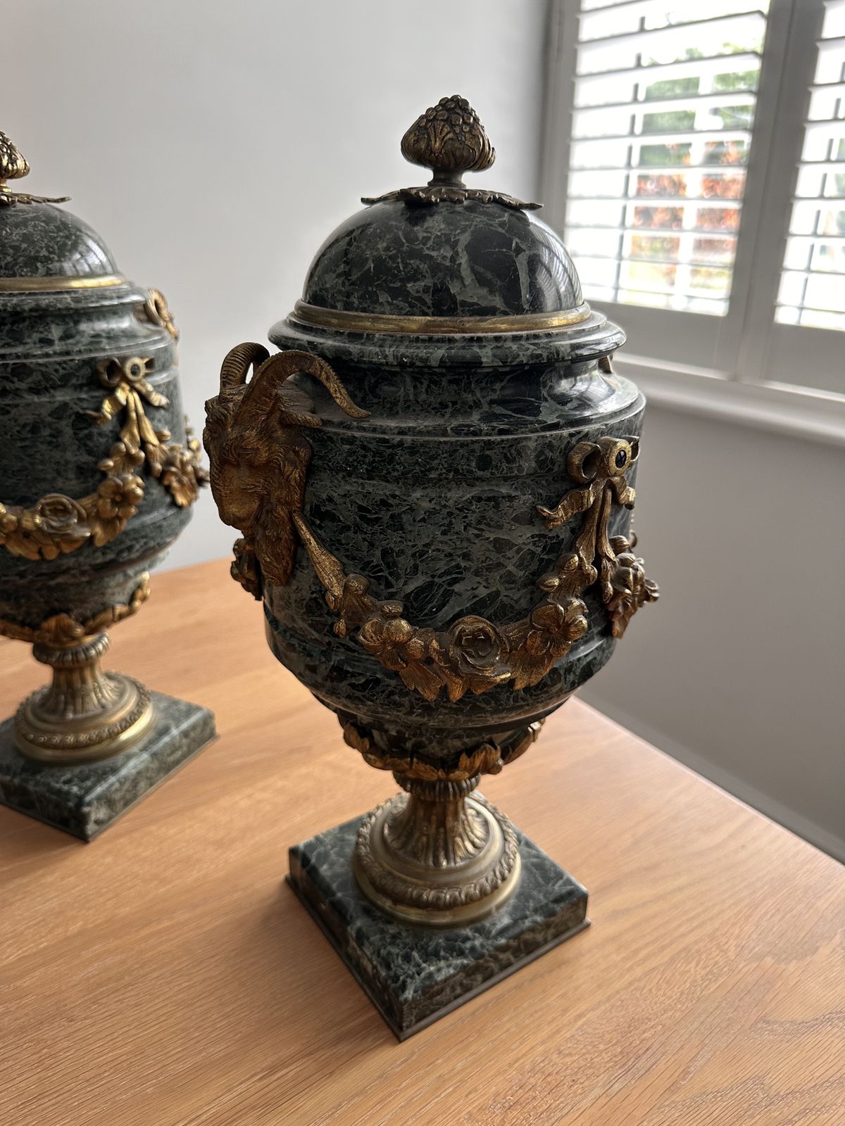 Pair Of French Gilt Bronze Mounted Verde Antico Marble Urns And Covers photo buy