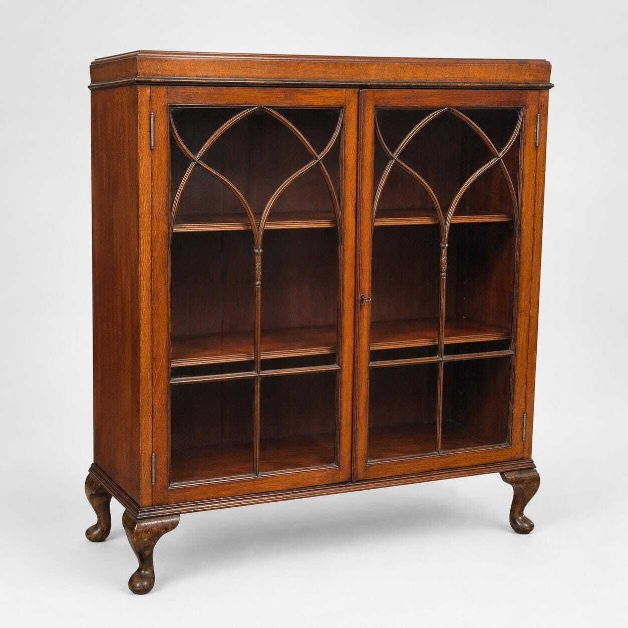 Antique Mahogany Display Cabinet | Astragal Glazed Bookcase Cupboard | Gothic Glass China Cabinet | Vintage Display Storage photo furniture