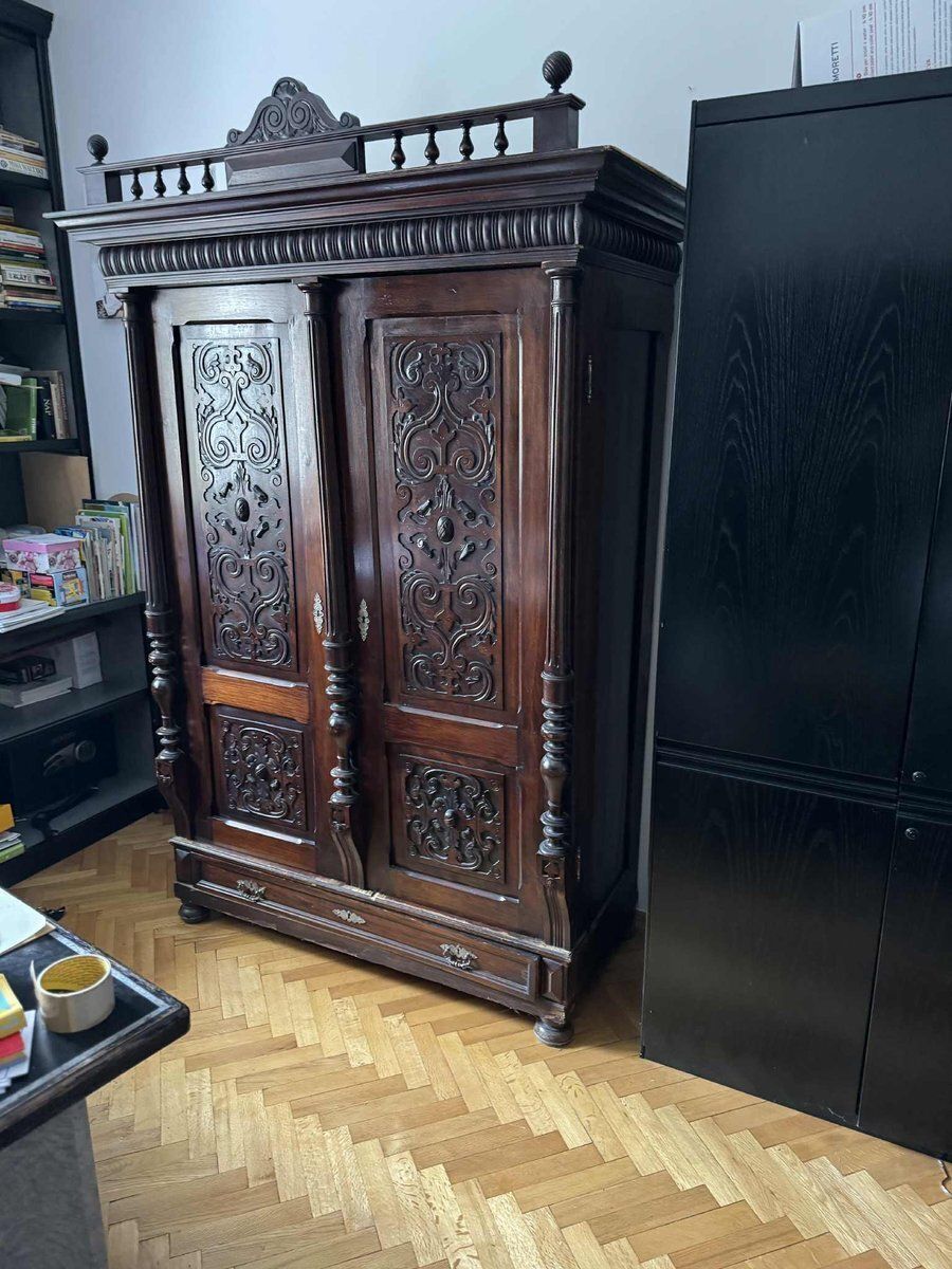 Antique Style Baroque Revival Carved Oak Wardrobe