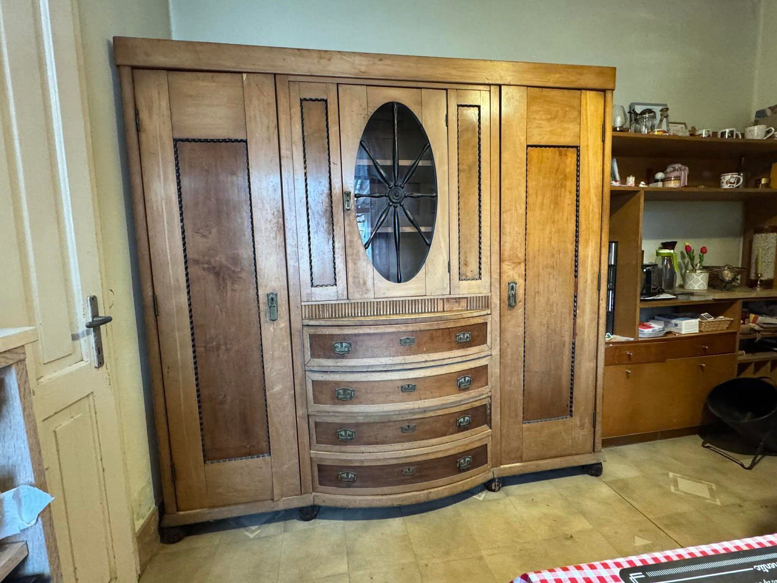 Art Deco Wooden Cabinet With Oval Glass Window And Drawers, 1930s photo furniture