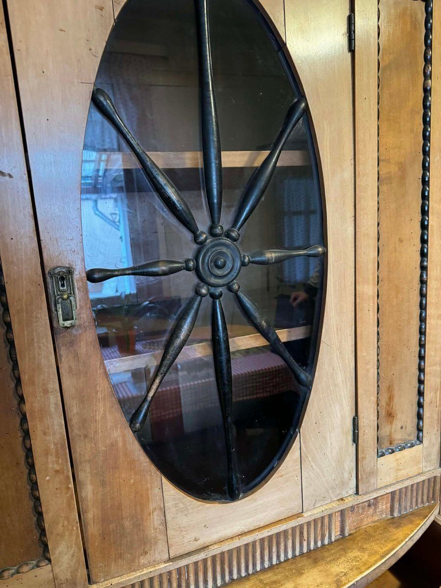 Art Deco houten kast met ovaal glasvenster en lades, jaren 1930 photo for sale