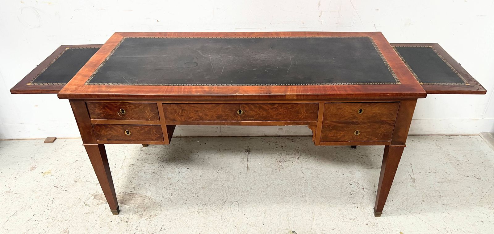 Louis XVI Style Flat Desk In Walnut And Veneer, 19th Century. photo for sale