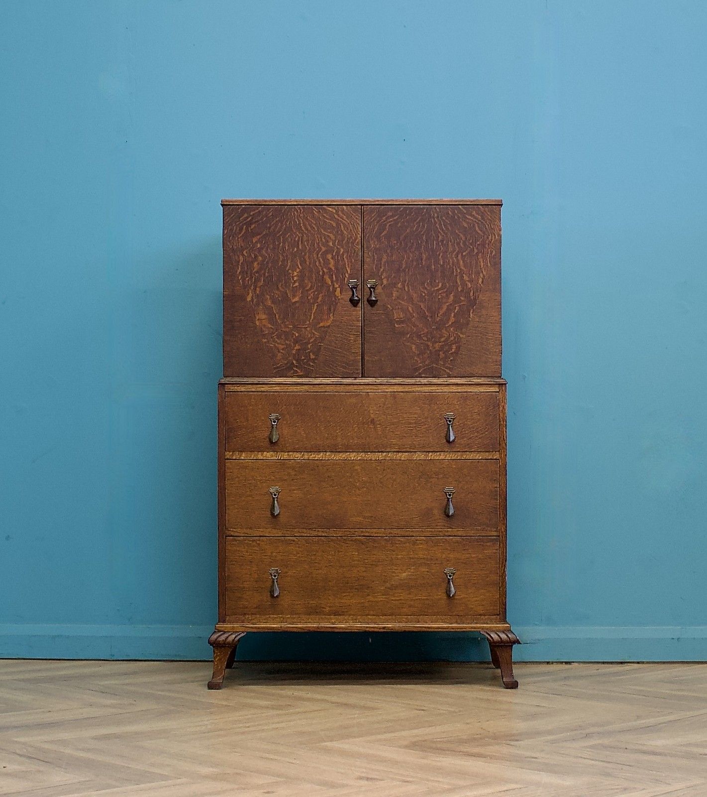 Art Deco Oak Tallboy Linen Cabinet Chest, 1930s #1772