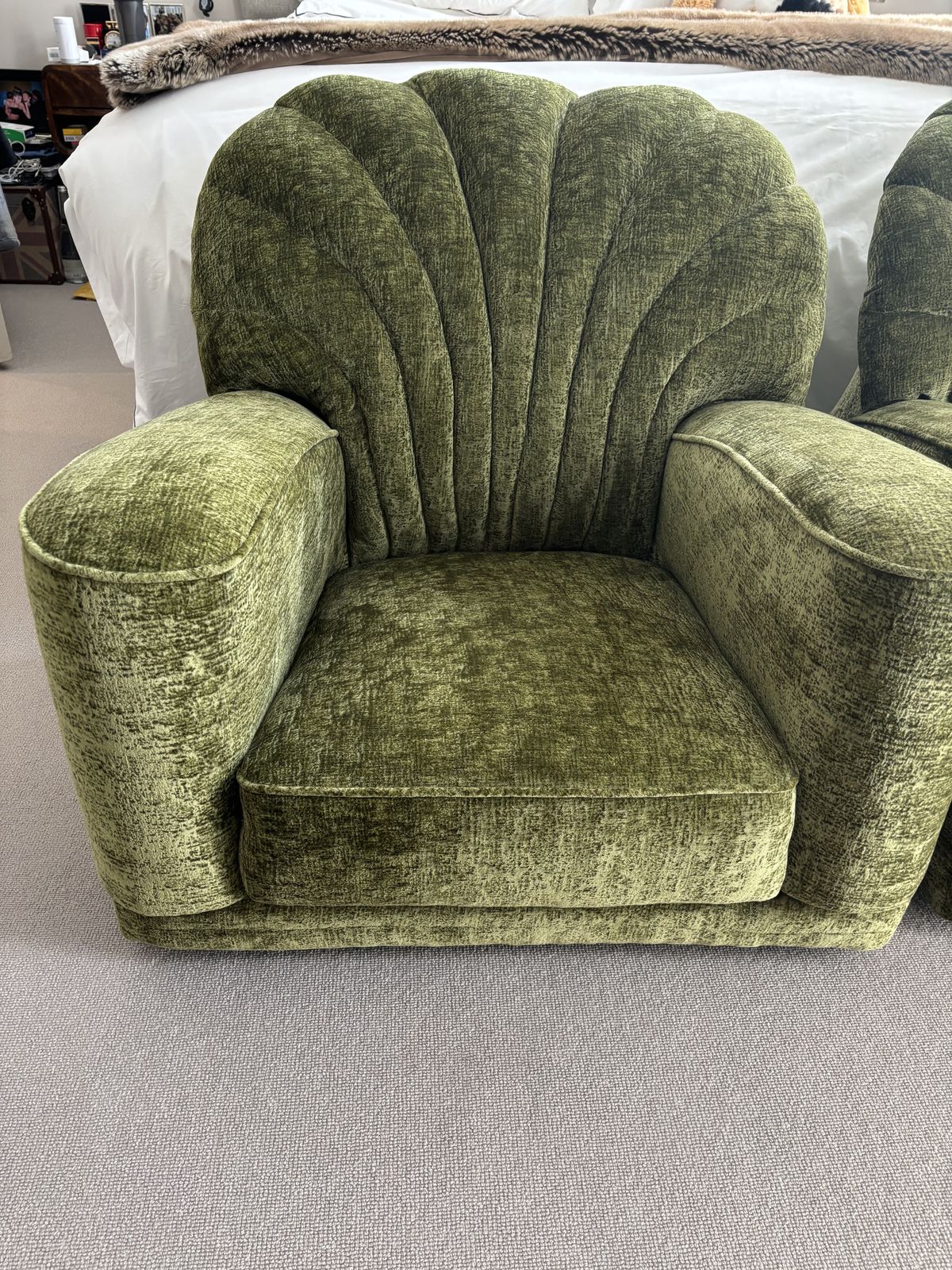 Matching Pair Art Deco Style Deep Armchairs In Forest Green Velvet photo furniture