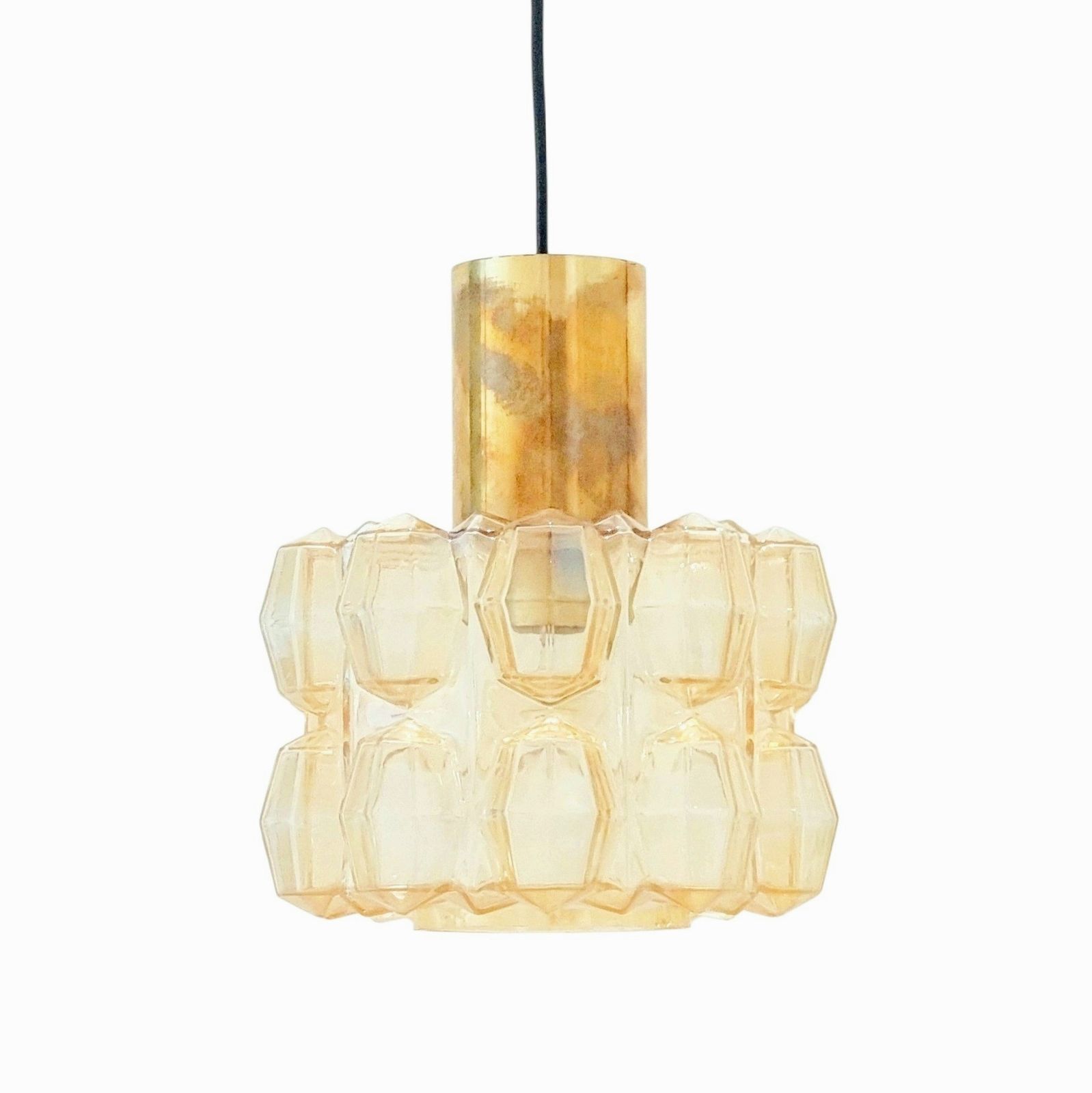 Mid Century Amber Diamond Glass & Brass Pendant Light By Helena Tynell For Limburg, Germany, 1960s