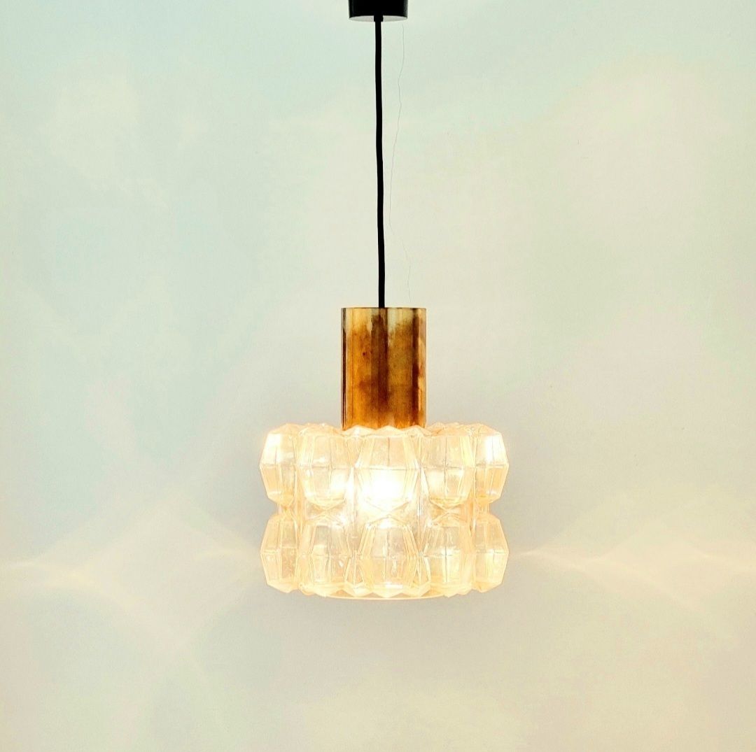 Mid Century Amber Diamond Glass & Brass Pendant Light By Helena Tynell For Limburg, Germany, 1960s photo Lighting