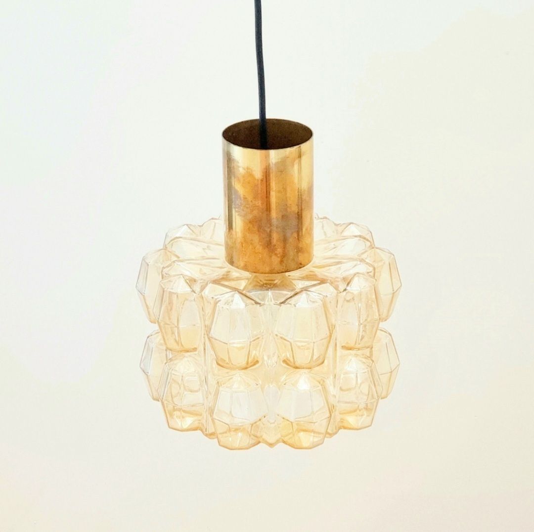 Suspension mid-century en verre ambré à motifs de diamants et laiton, par Helena Tynell pour Limburg, Allemagne, années 1960 photo buy
