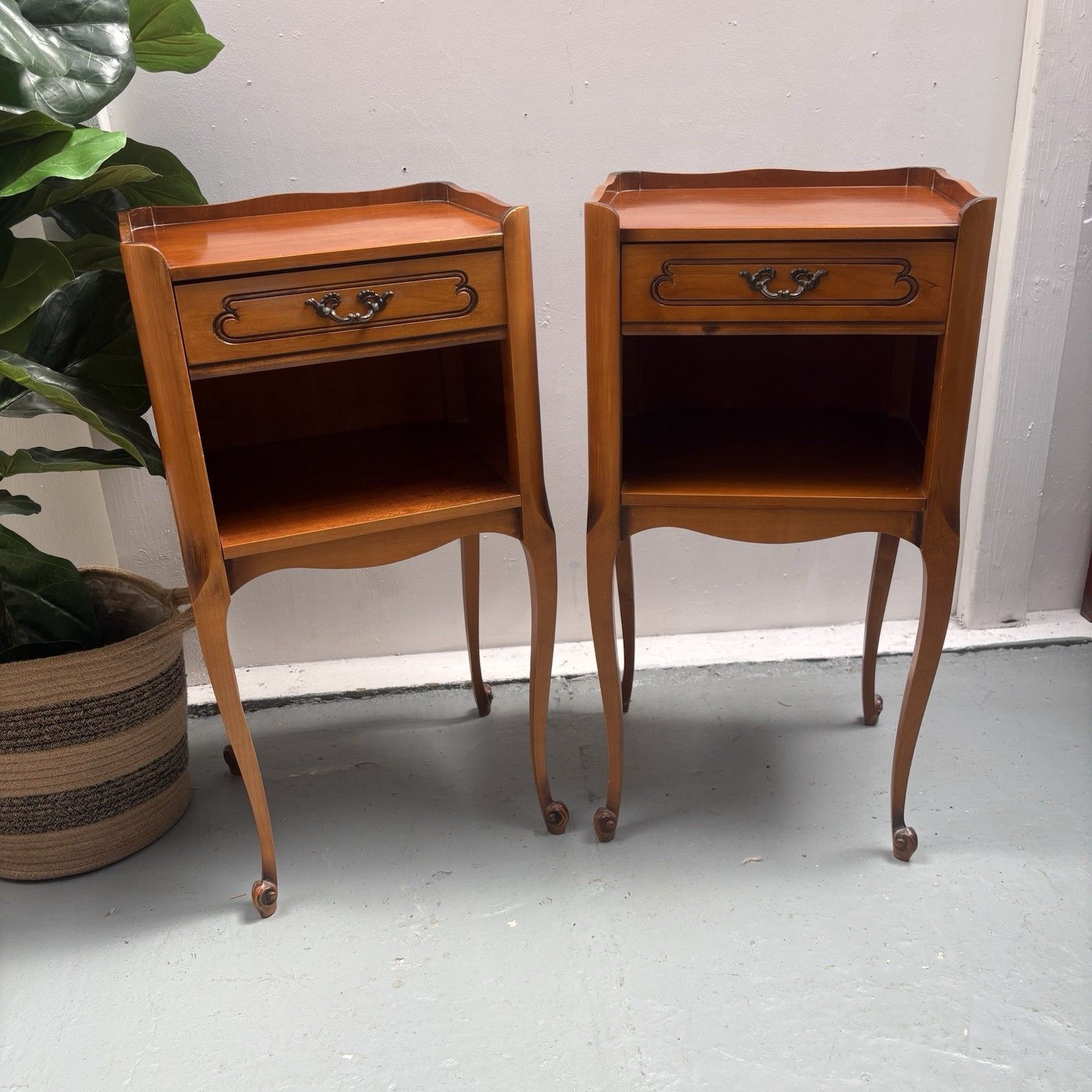 Pair 1950s French Cherrywood Louis XV Style Bedside Nightstands Chevets photo for sale