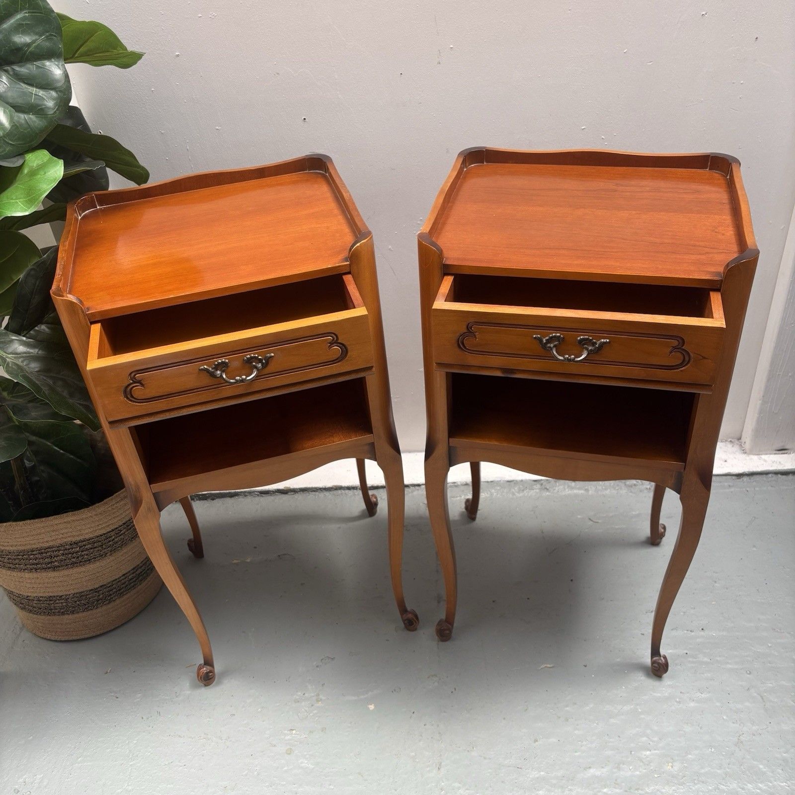 Pair 1950s French Cherrywood Louis XV Style Bedside Nightstands Chevets photo vintage