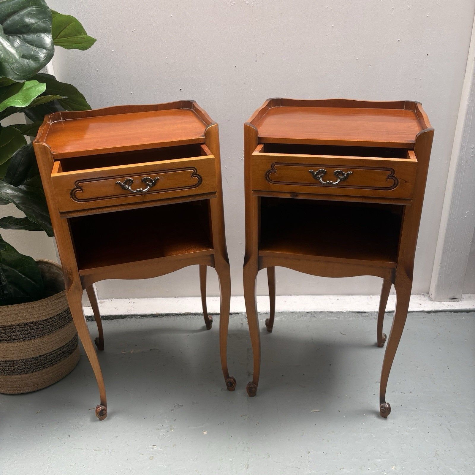 photo for sale Pair 1950s French Cherrywood Louis XV Style Bedside Nightstands Chevets