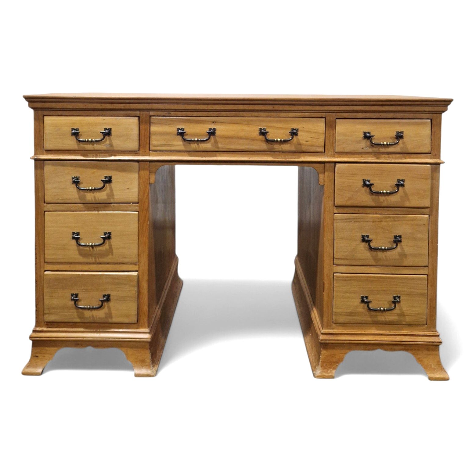 Victorian Satinwood Pedestal Desk Antique 9 Drawer Kneehole Writing Table photo for sale